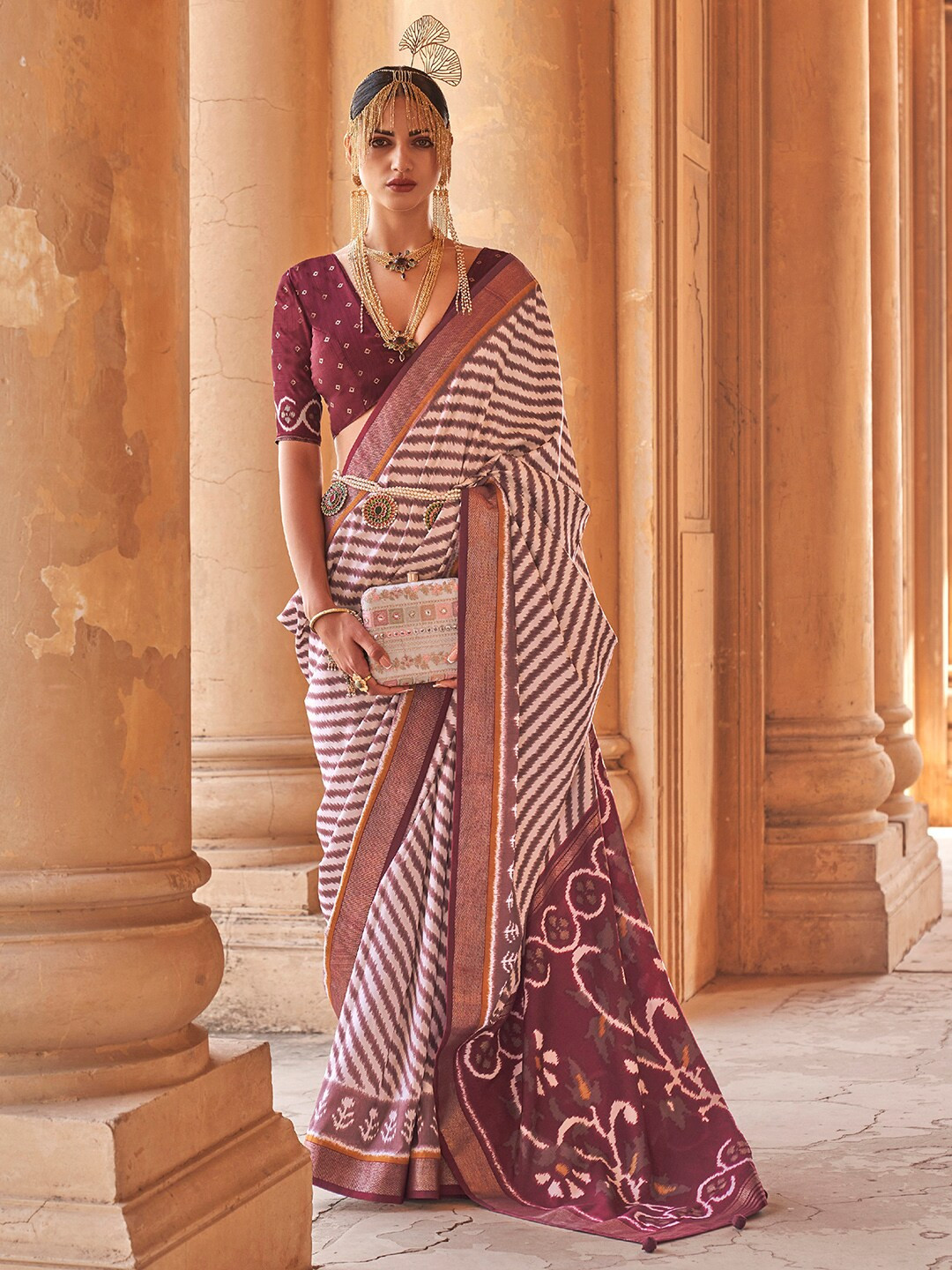 

Anouk Off White & Purple Striped Zari Banarasi Saree