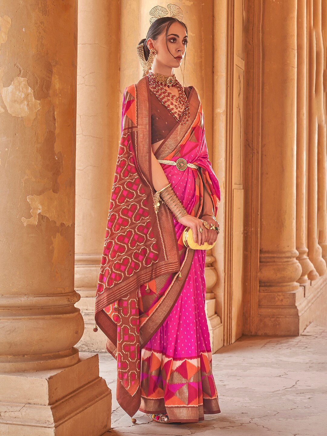 

Anouk Pink & Orange Ethnic Motif Woven Design Zari Banarasi Saree