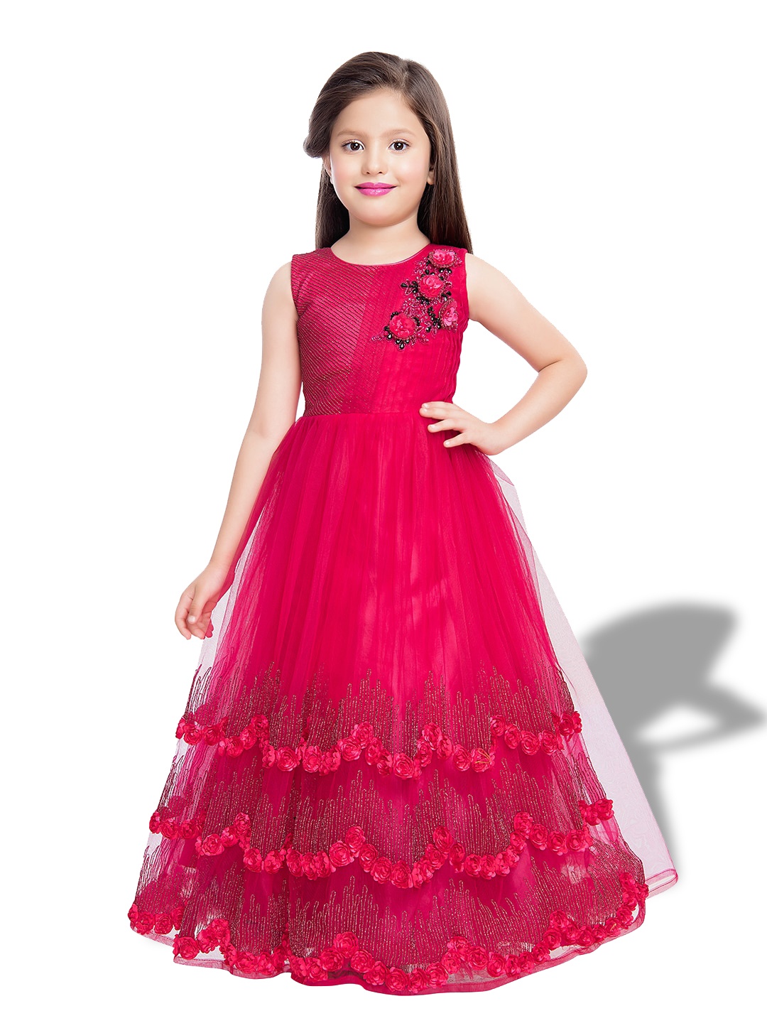 

BETTY Girls Embellished Layered Net Fit & Flare Maxi Dress, Pink