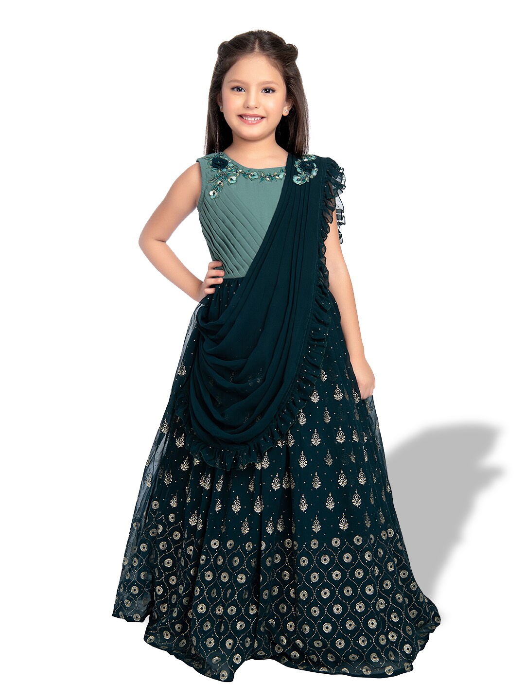 

BETTY Girls Embroidered Georgette Gathered Drape Tiered Fit & Flare Maxi Dress, Sea green