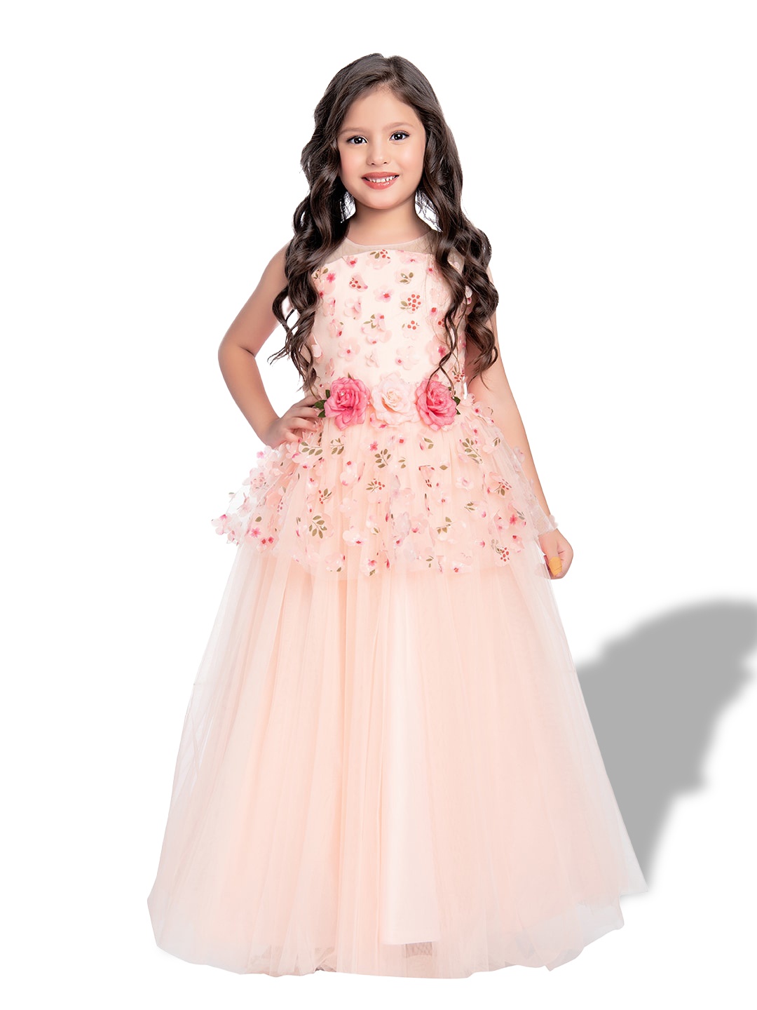 

BETTY Girls Floral Embellished Net Fit & Flare Maxi Dress, Peach