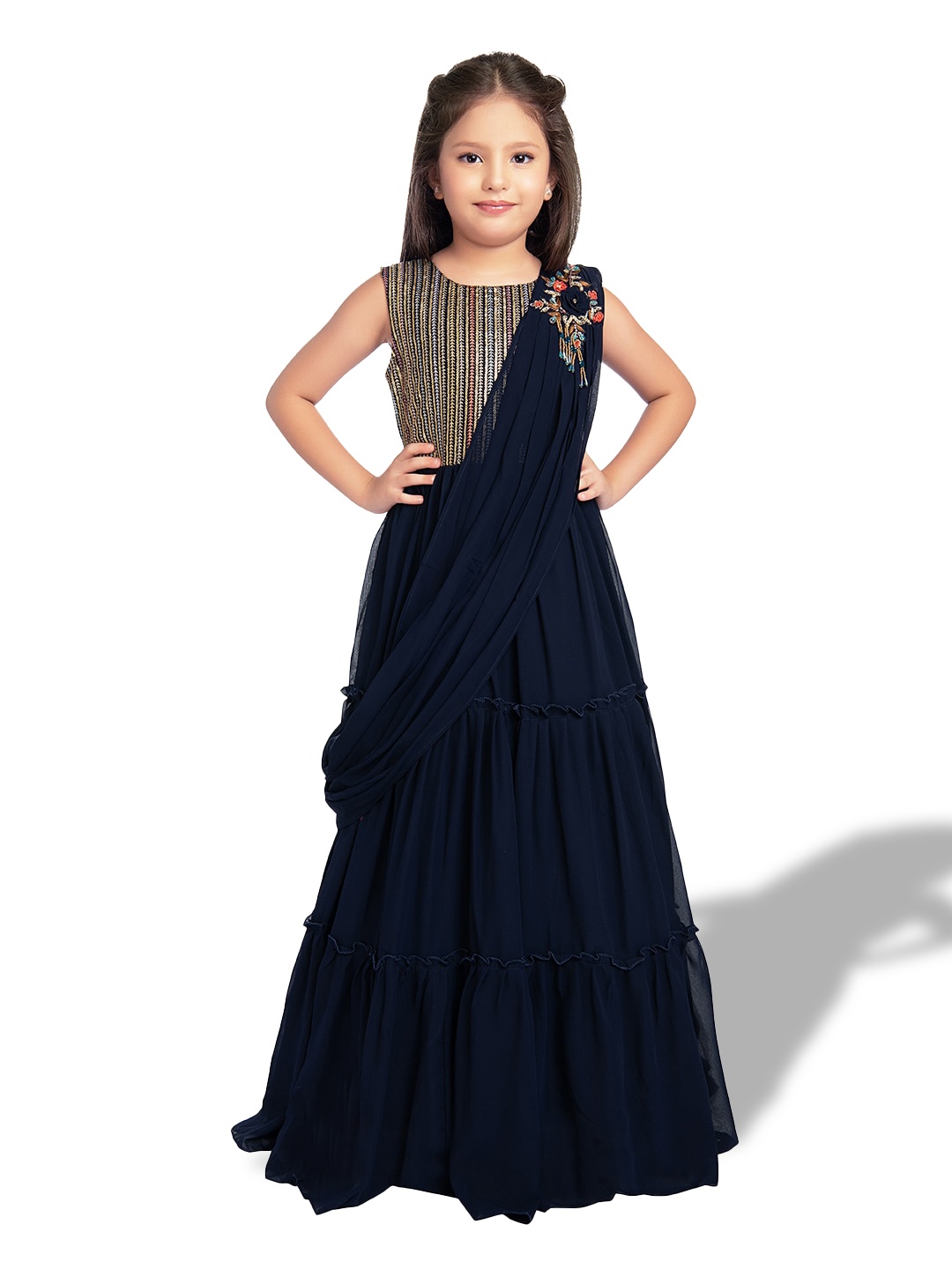 

BETTY Girls Embroidered Georgette Embellished Tiered Fit & Flare Maxi Dress with Dupatta, Navy blue