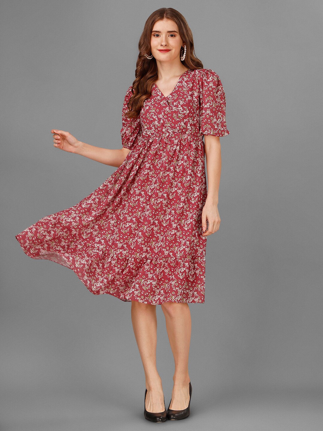 

Fbella Floral Printed Georgette A-Line Midi Dress, Red