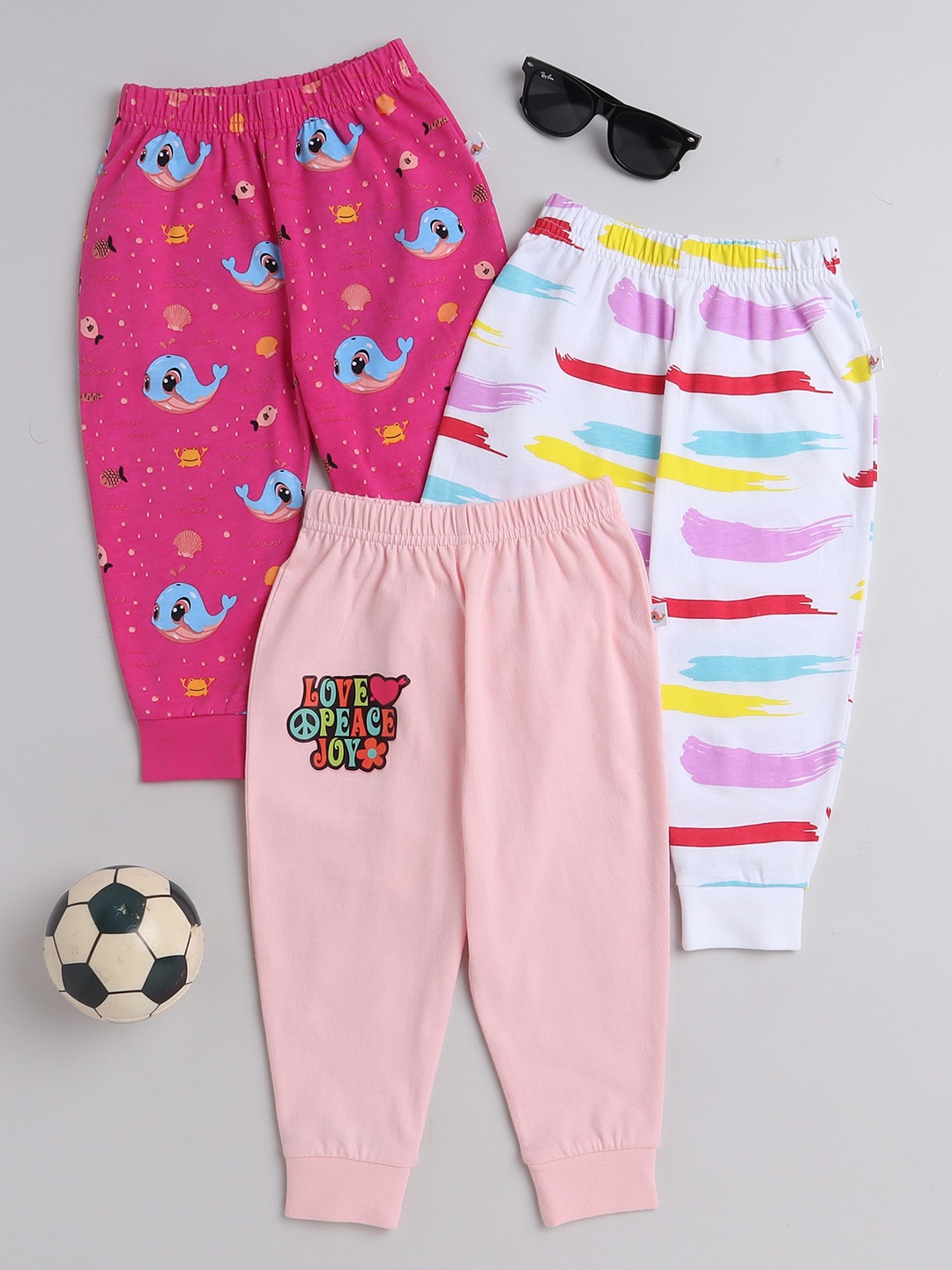 

BUMZEE Infant Girls Pack Of 3 Printed Cotton Joggers, Pink