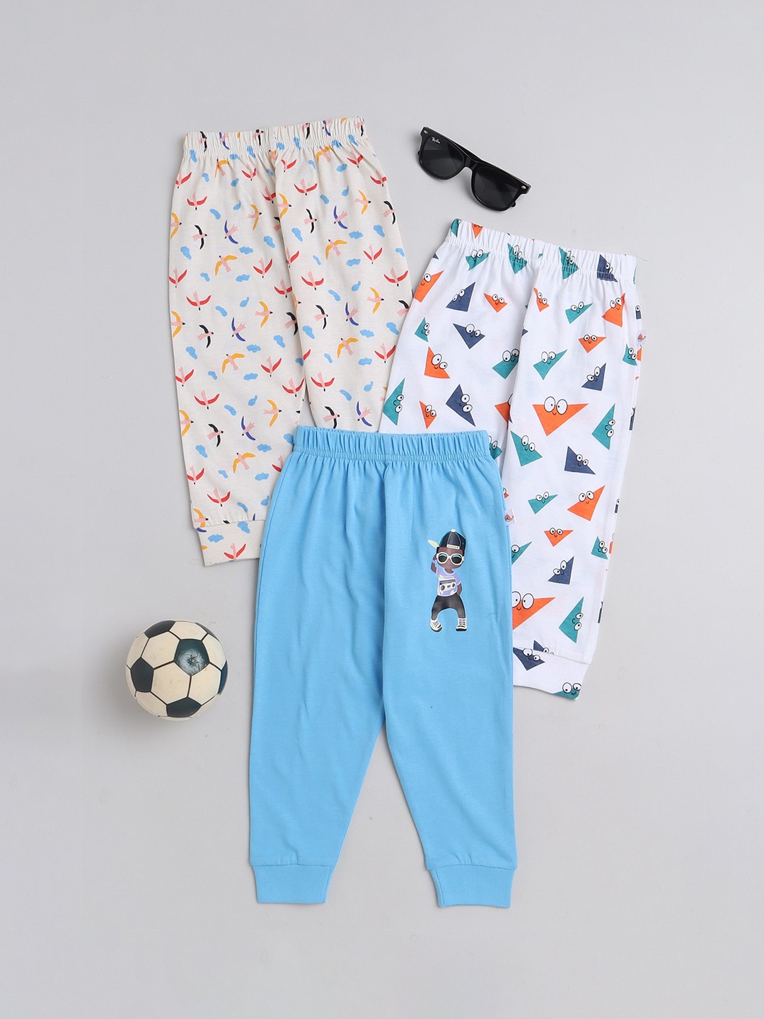 

BUMZEE Infants Boys Pack of 3 Printed Mid-Rise Cotton Joggers, White