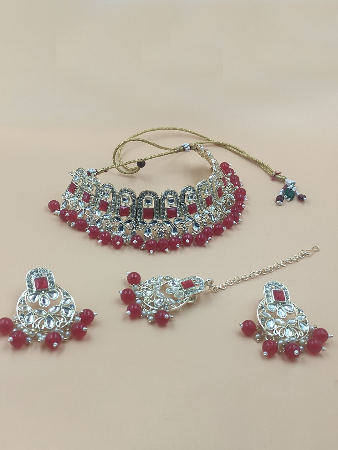 

Rhymee Gold-Plated Stone-Studded & Beaded Necklace And Earrings With Maang Tika