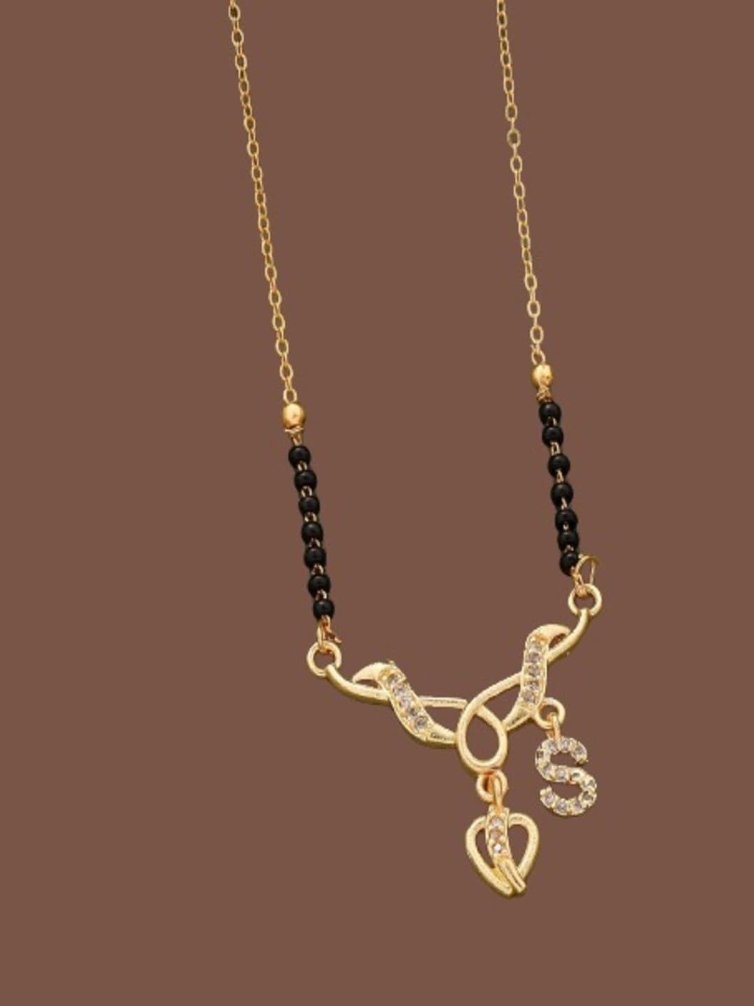 

JEWEL WORLD Gold-Plated & Black Stone-Studded & Beaded Alphabet S Charm Short Mangalsutra