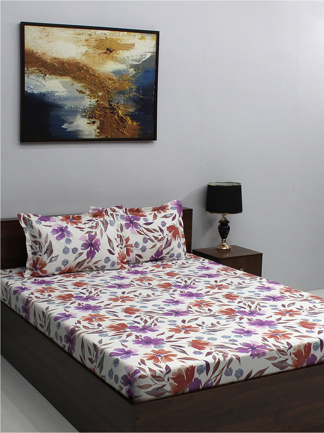 

BOMBAY DYEING Epigram White & Brown Floral 120 TC Cotton Queen Bedsheet & 2 Pillow Covers