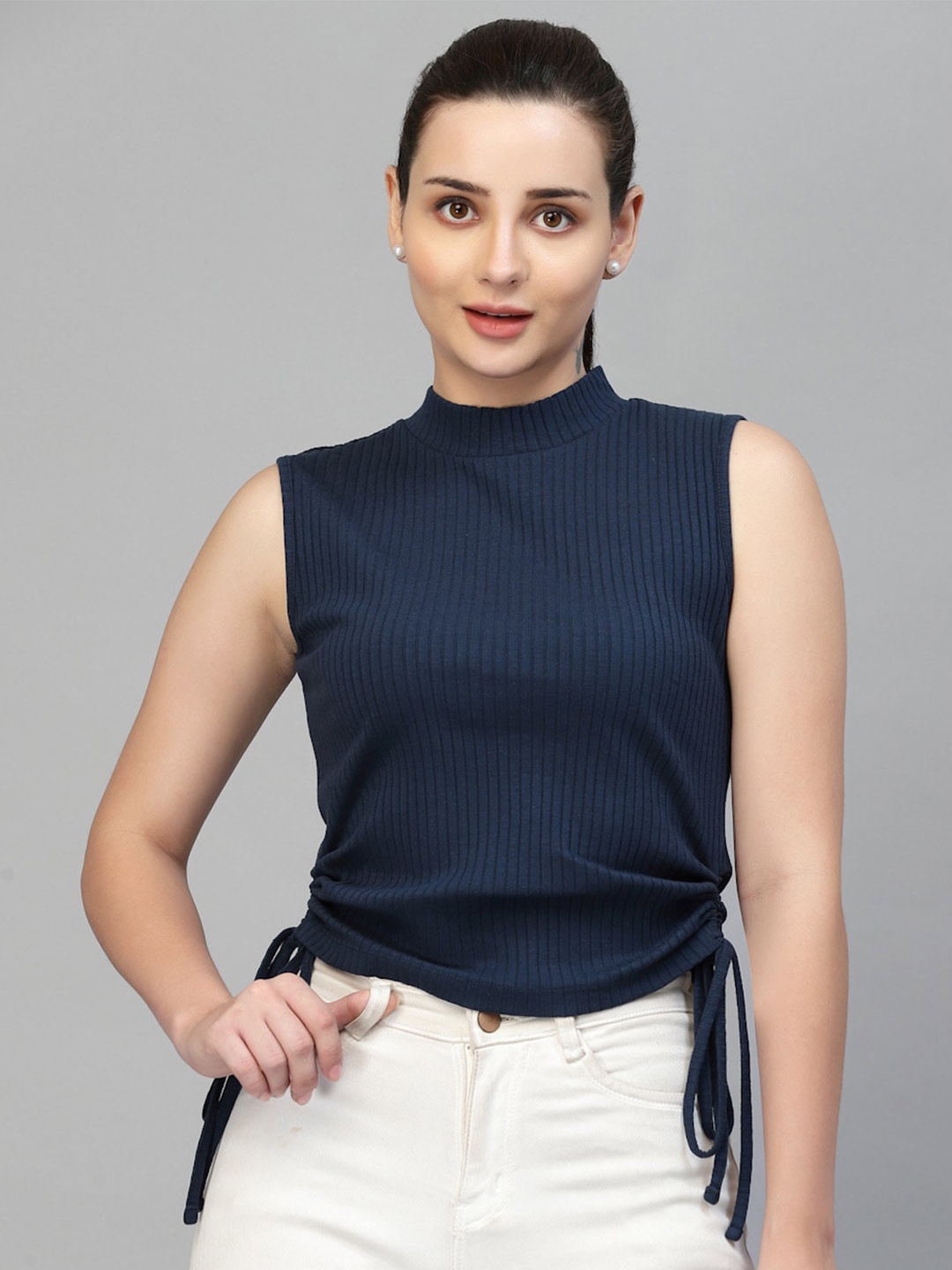 

Strong And Brave Odour Free High Neck Sleeveless Cotton Fitted Crop Top, Navy blue