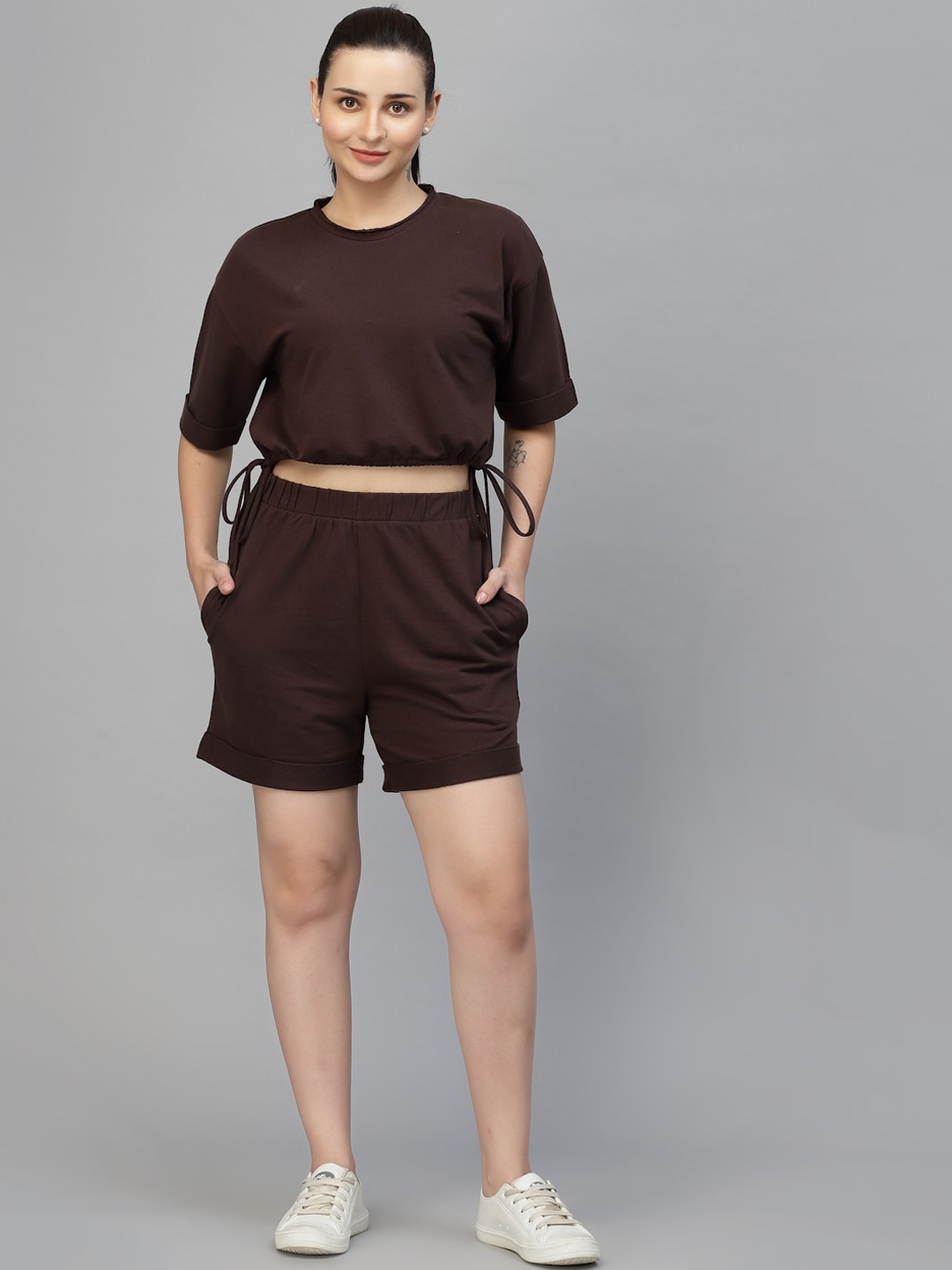 

Strong And Brave Women Regular Fit Crop T-Shirt With Shorts Odour Free Co-Ords, Brown