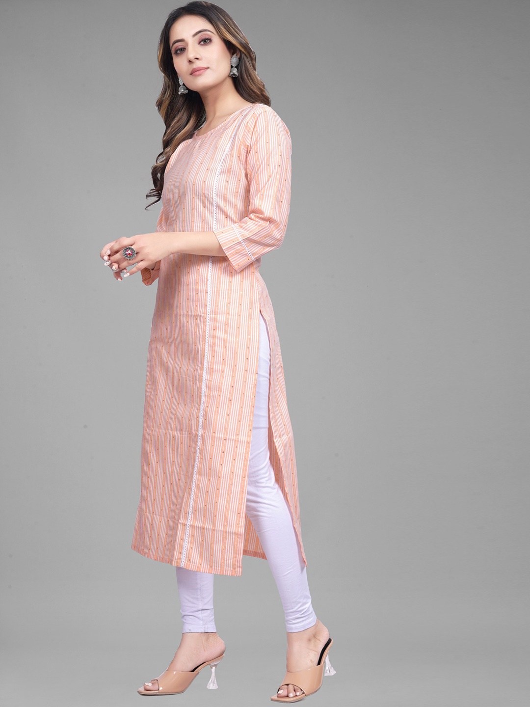 

KALINI Lace Work Striped Sequined Straight Kurta, Peach