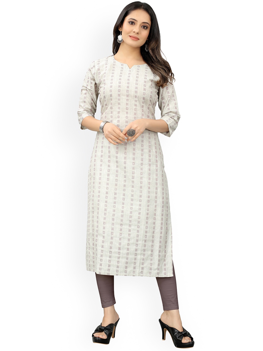 

KALINI Notched Neck Geometric Printed Straight Kurta, Beige
