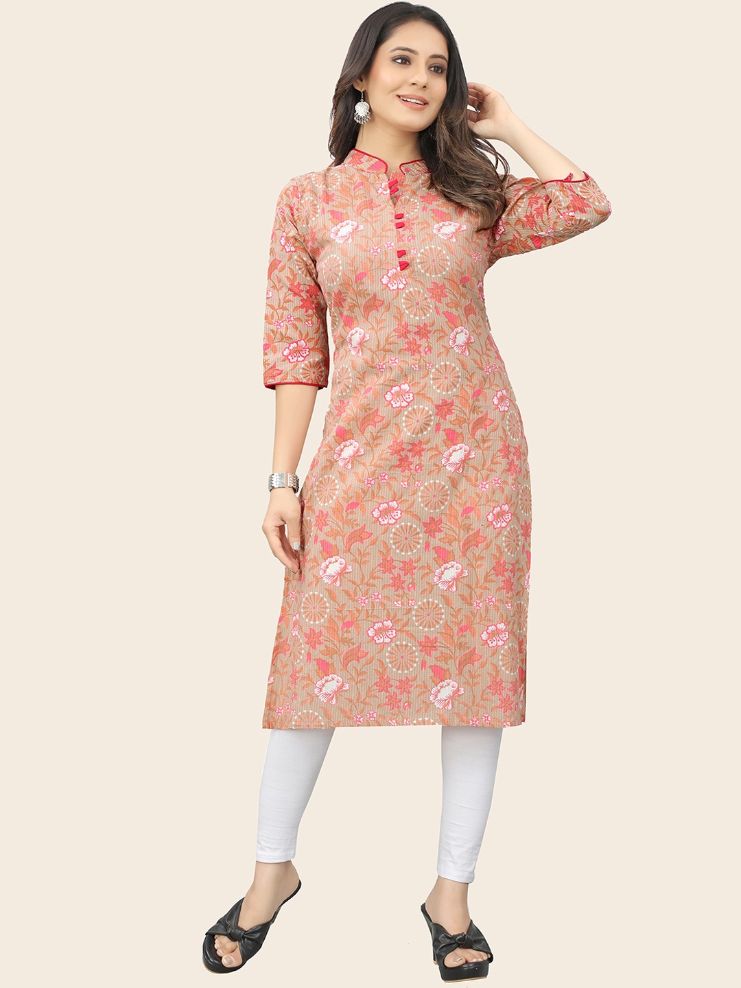 

KALINI Floral Printed Mandarin Collar Straight Kurta, Beige