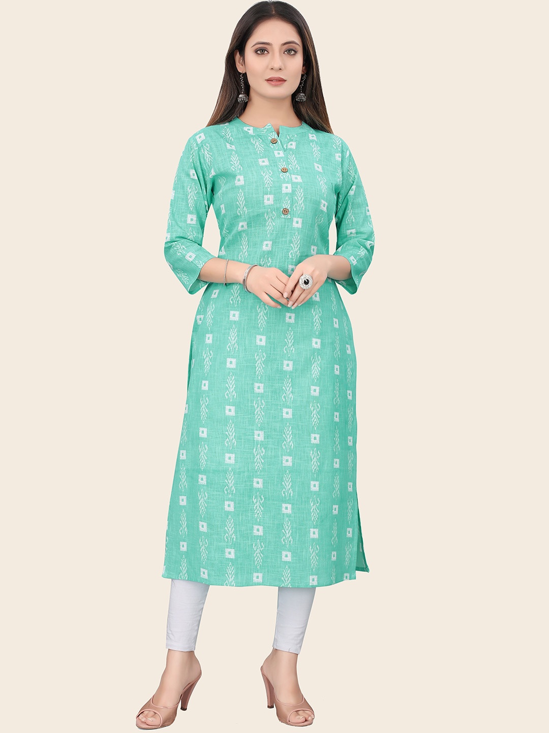 

KALINI Mandarin Collar Ethnic Motifs Printed Straight Kurta, Sea green