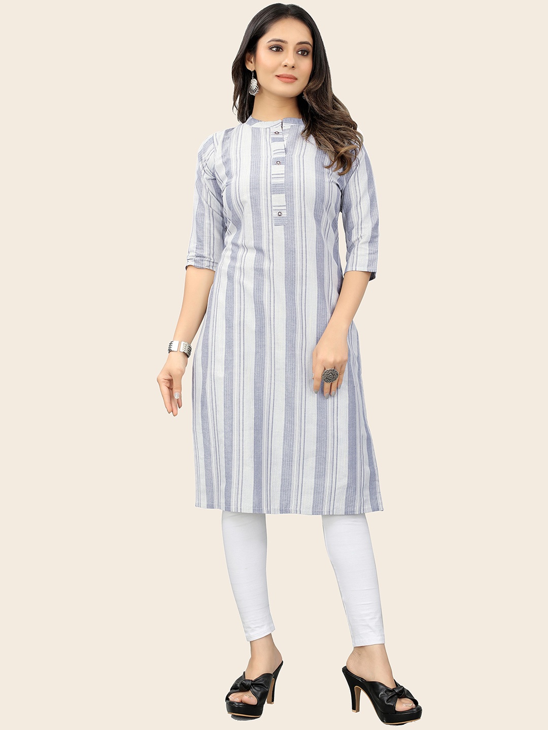 

KALINI Mandarin Collar Striped Straight Kurta, Blue