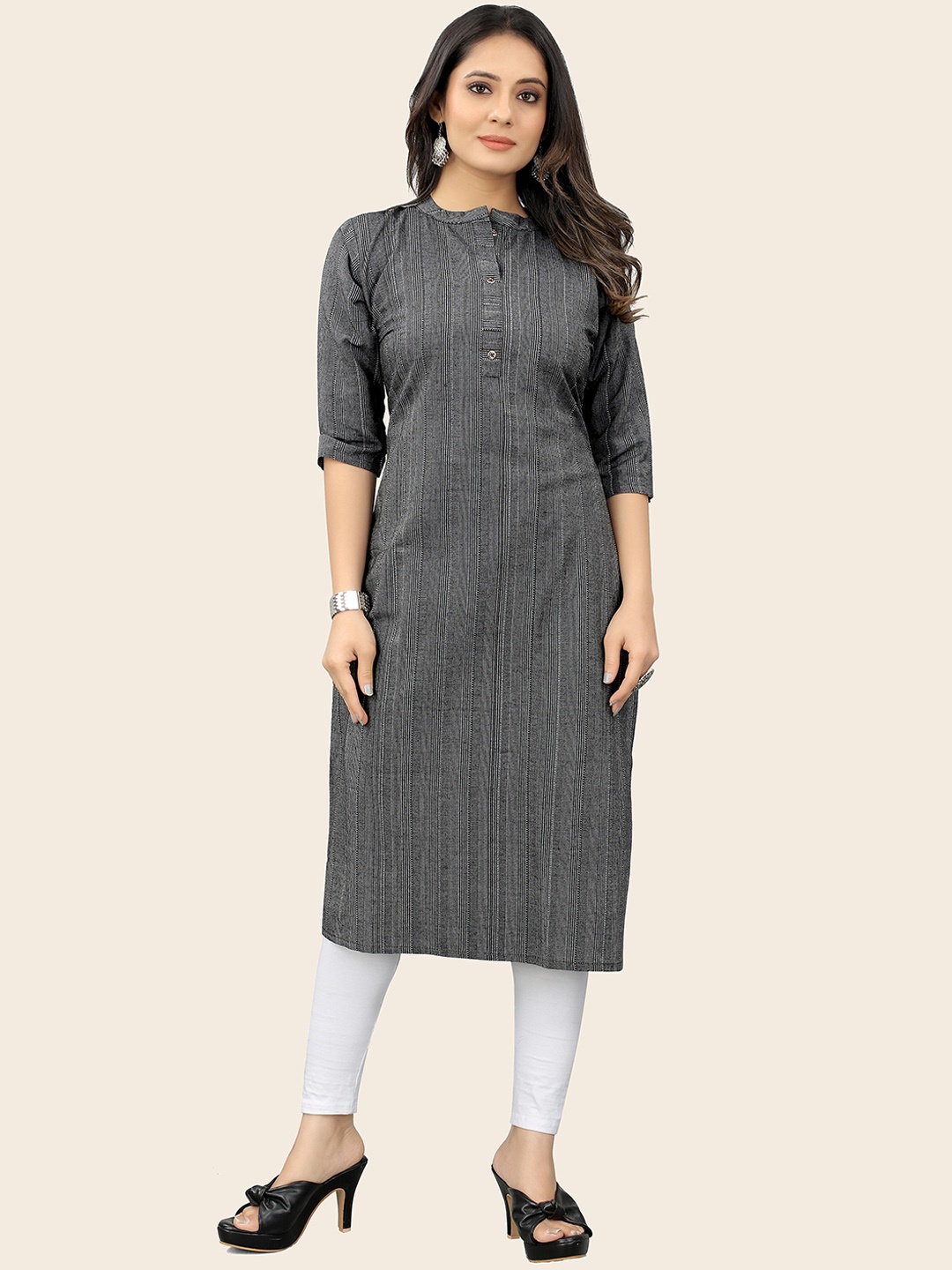 

KALINI Mandarin Collar Striped Straight Kurta, Grey