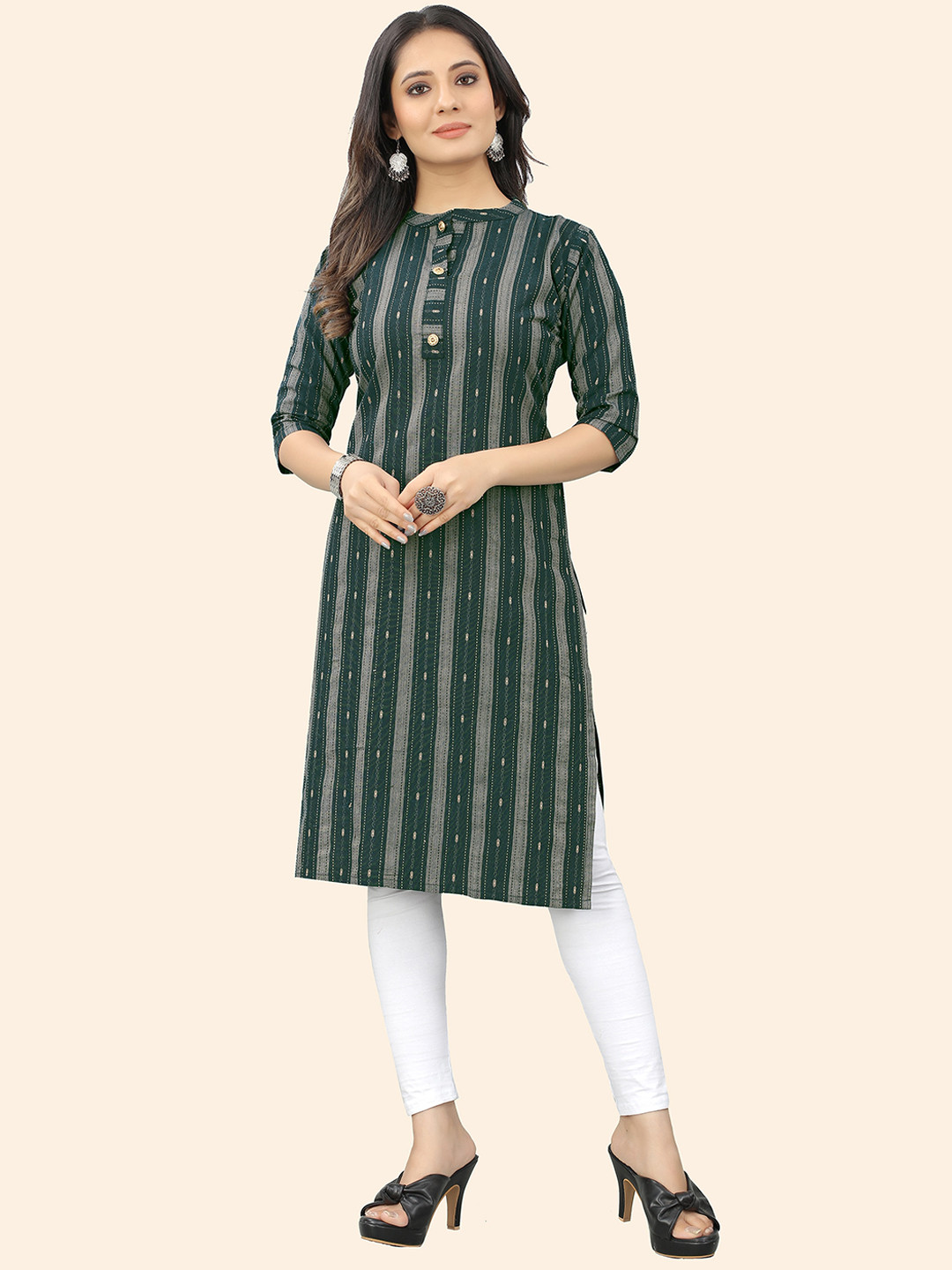 

KALINI Mandarin Collar Striped Straight Kurta, Green