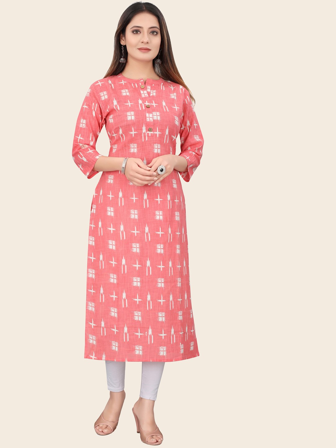 

KALINI Mandarin Collar Geometric Printed Straight Kurta, Pink