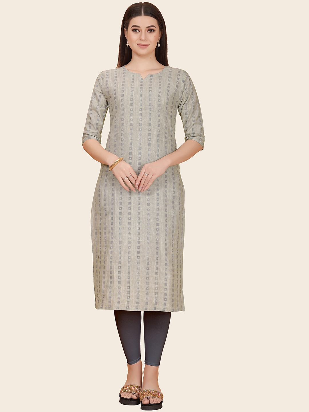 

KALINI Notched Neck Geoemtric Printed Straight Kurta, Taupe