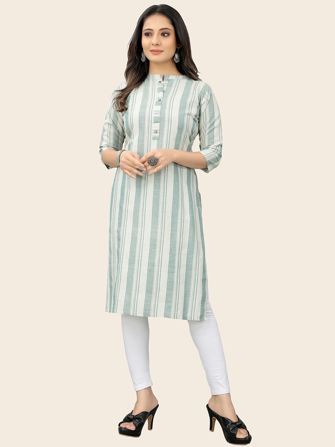 

KALINI Mandarin Collar Striped Straight Kurta, Green