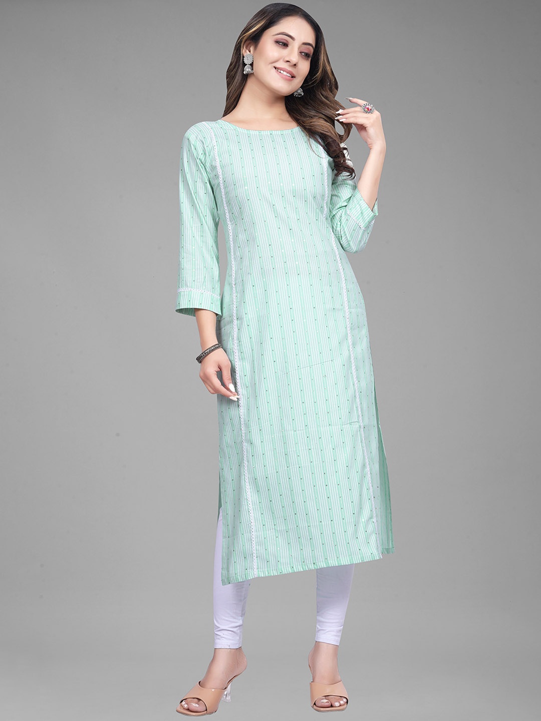 

KALINI Lace Work Striped Sequined Straight Kurta, Green