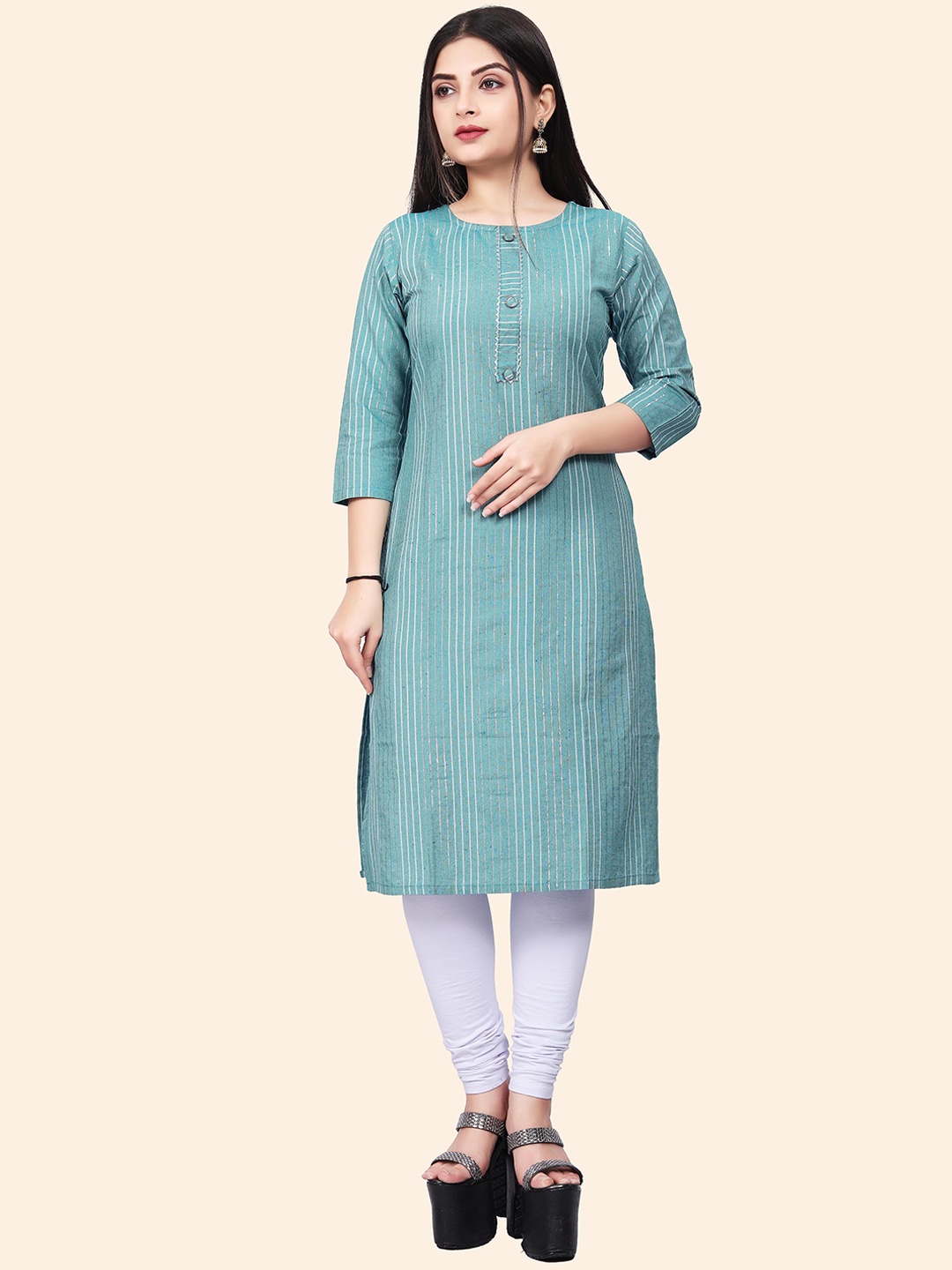 

KALINI Striped Gotta Patti Straight Kurta, Teal