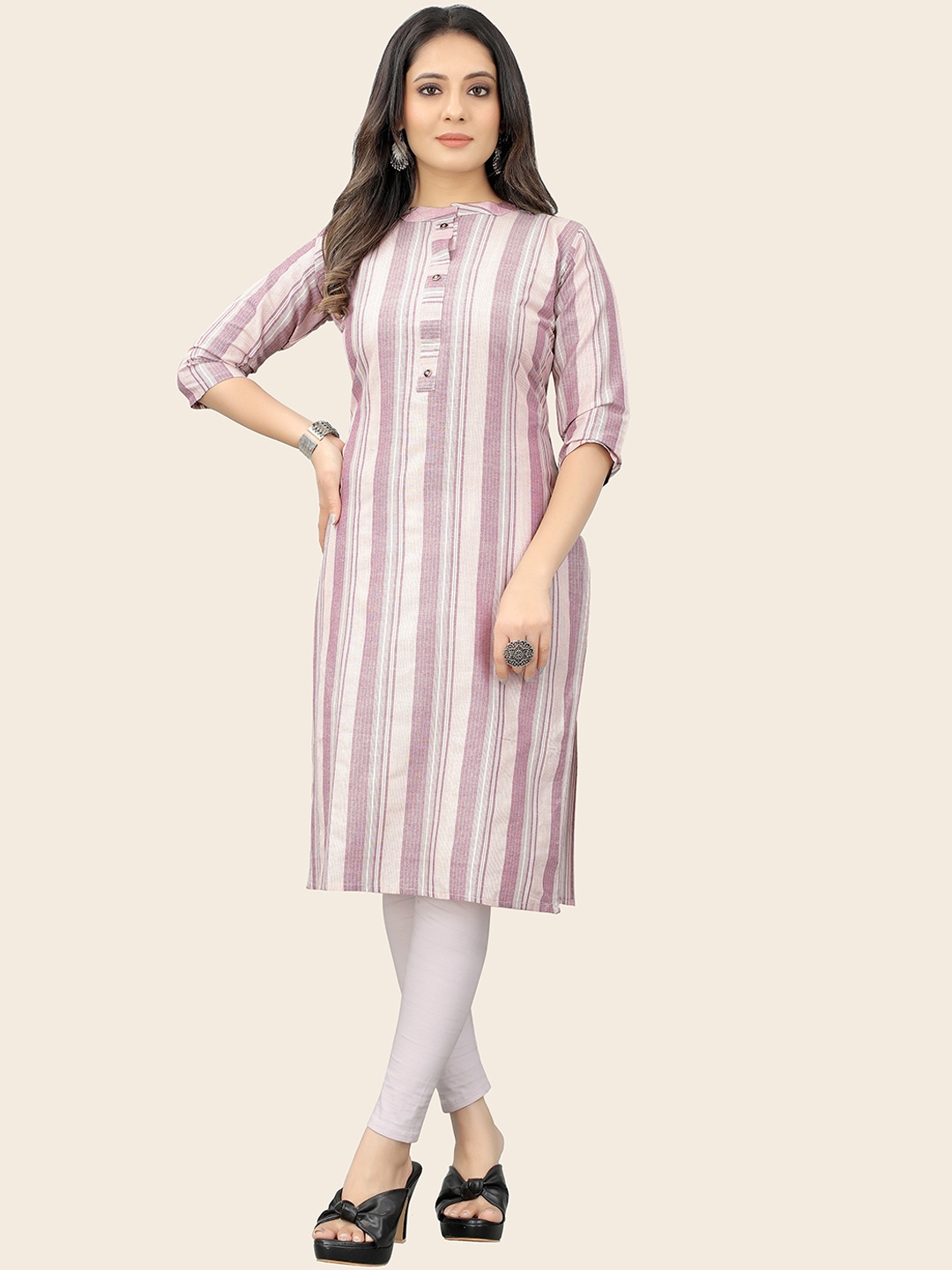 

KALINI Mandarin Collar Striped Straight Kurta, Purple