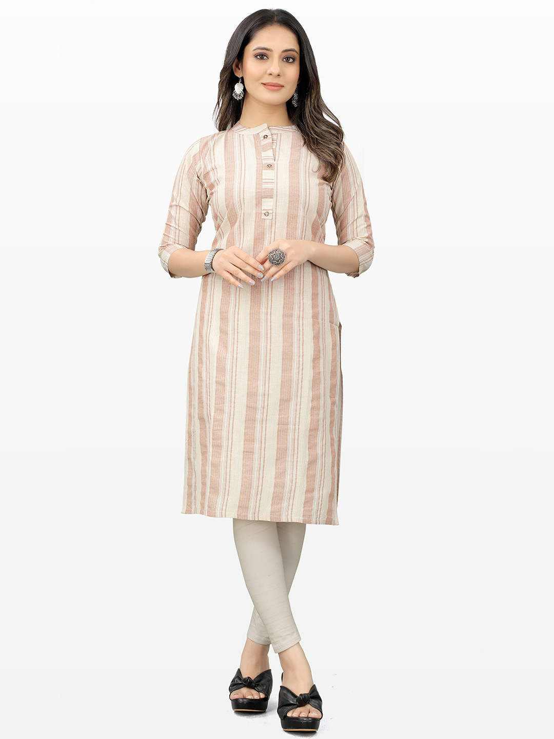 

KALINI Mandarin Collar Striped Straight Kurta, Brown
