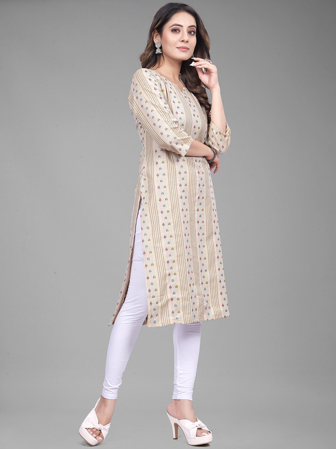 

KALINI Ethnic Motif Printed Notched Neck Jacquard Kurta, Beige