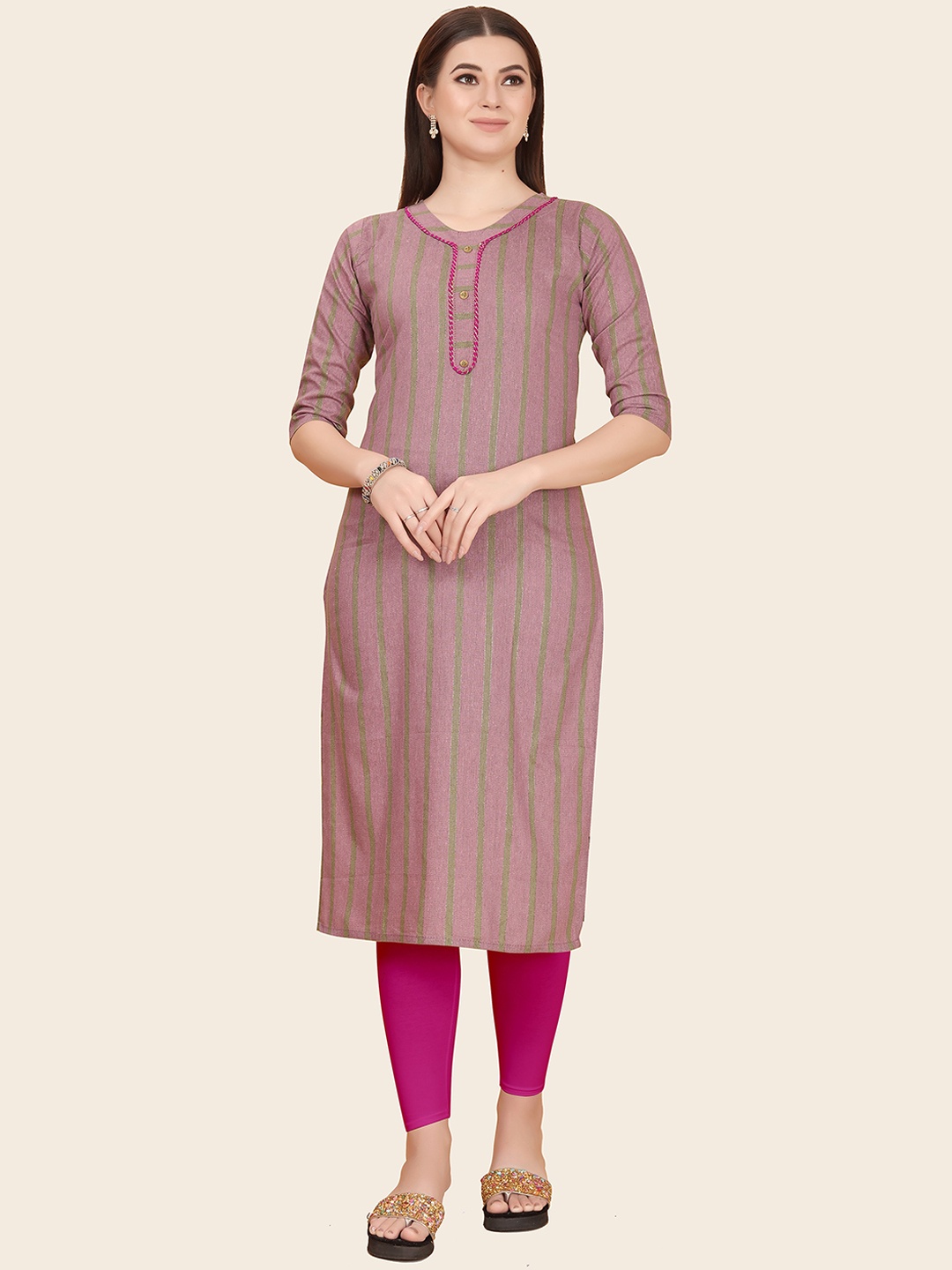 

KALINI Striped V Neck Jacquard Kurta, Lavender