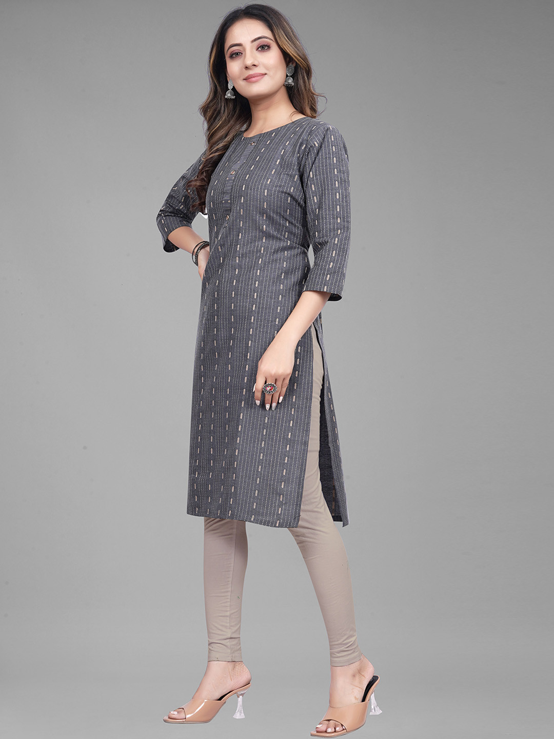 

KALINI Ethnic Motif Woven Design Jacquard Kurta, Grey
