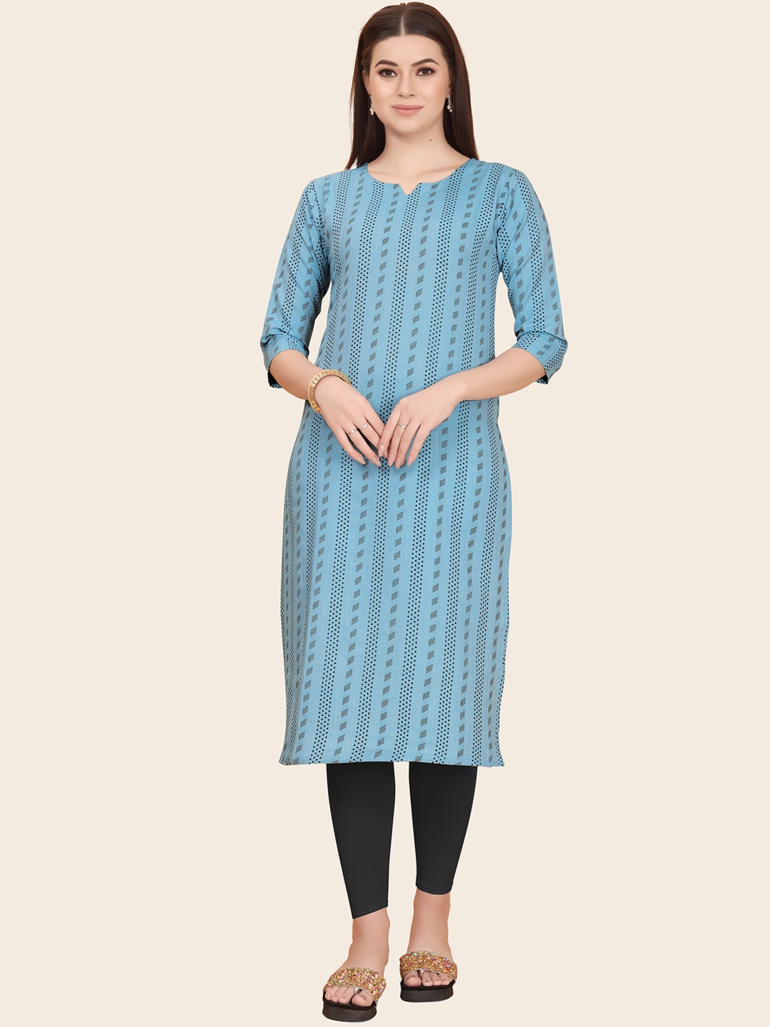 

KALINI Ethnic Motif Printed Notched Neck Jacquard Kurta, Turquoise blue