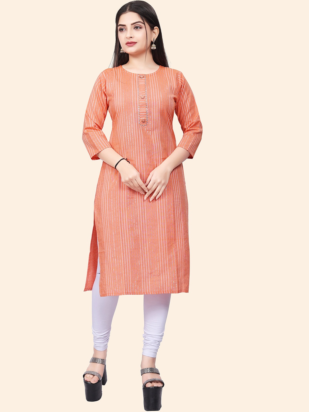 

KALINI Striped Woven Design Jacquard Kurta, Orange