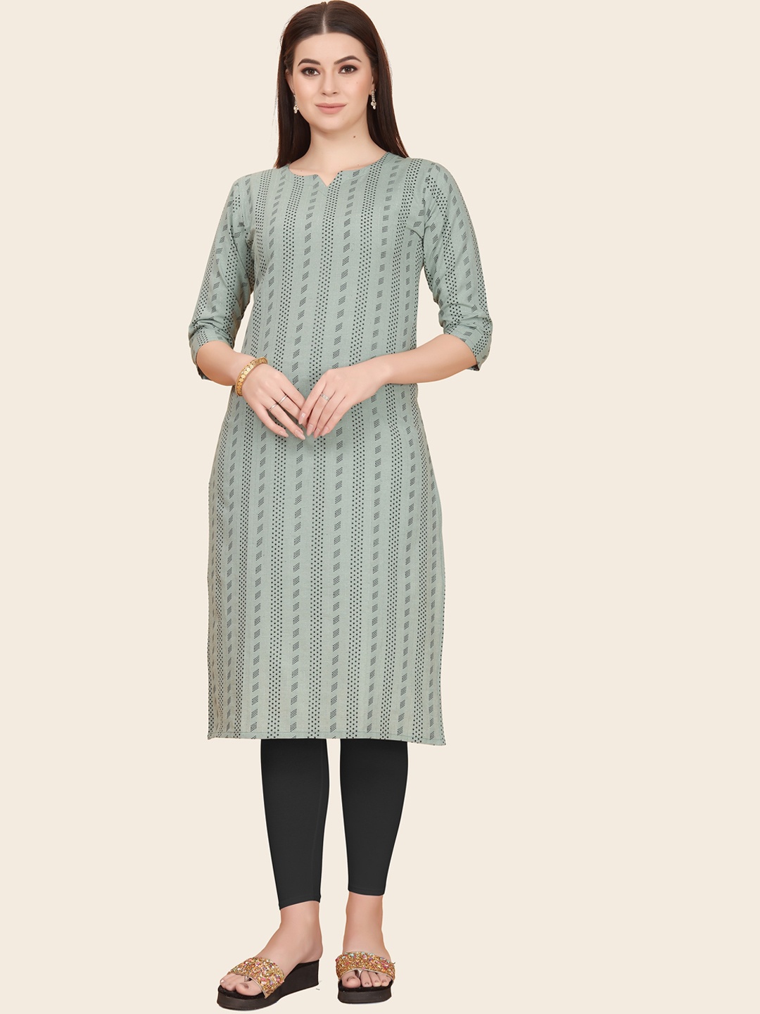 

KALINI Ethnic Motif Printed Notched Neck Jacquard Kurta, Olive