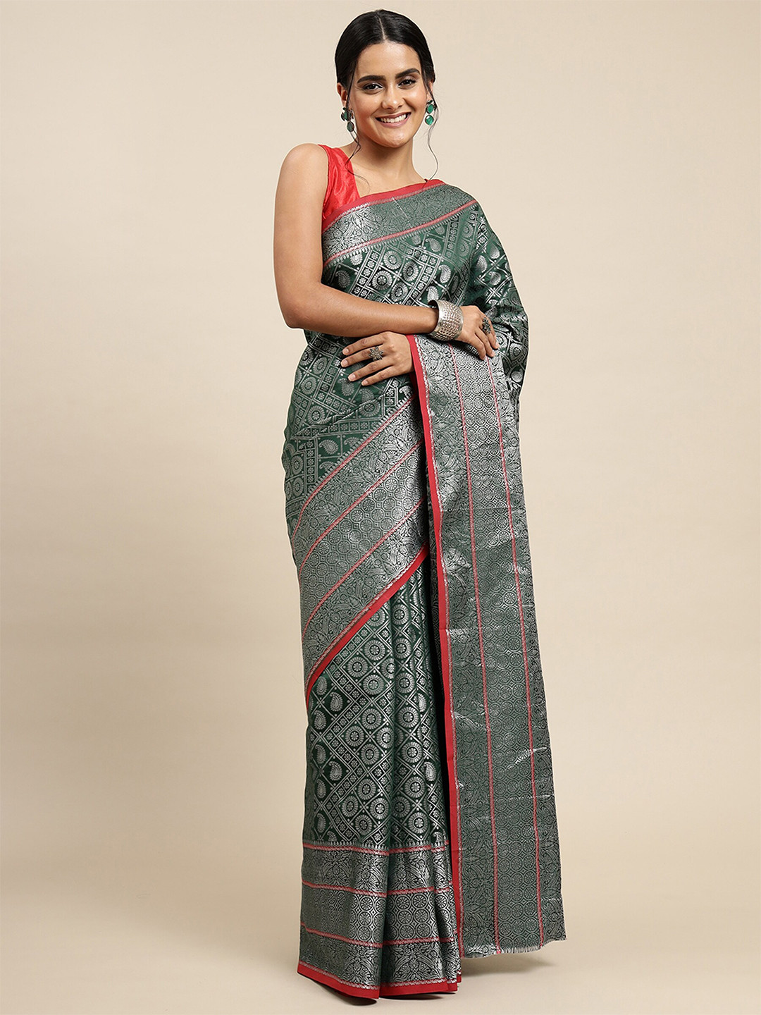 

AVANTIKA FASHION Ethnic Woven Design Zari Pure Silk Kanjeevaram Saree, Green