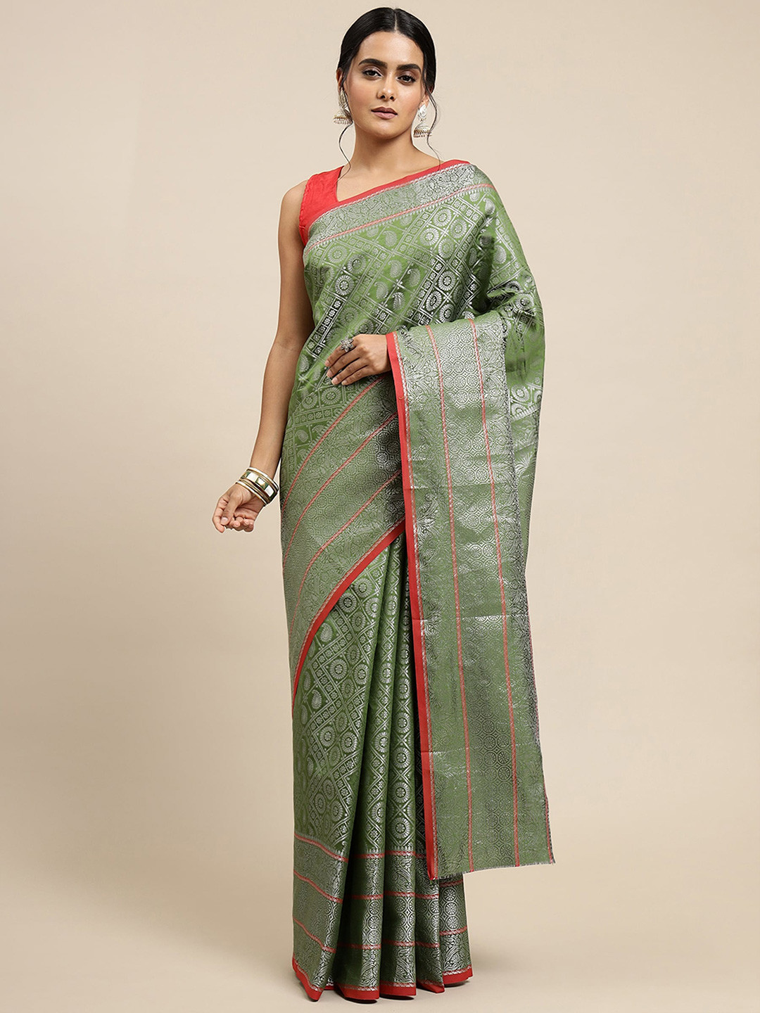 

AVANTIKA FASHION Ethnic Motif Zari Pure Silk Kanjeevaram Saree, Olive