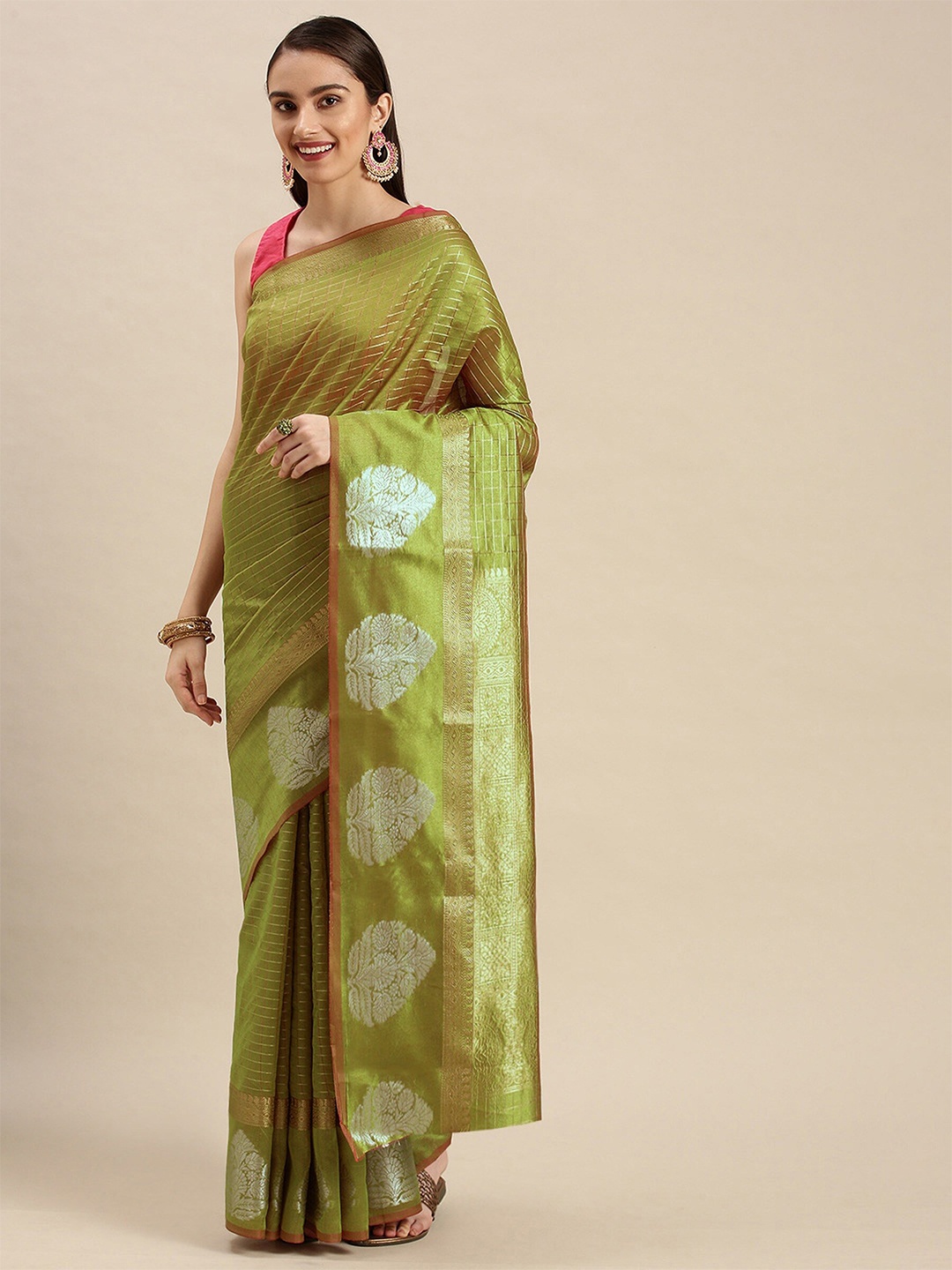 

AVANTIKA FASHION Checked Woven Design Zari Pure Silk Kanjeevaram Saree, Olive