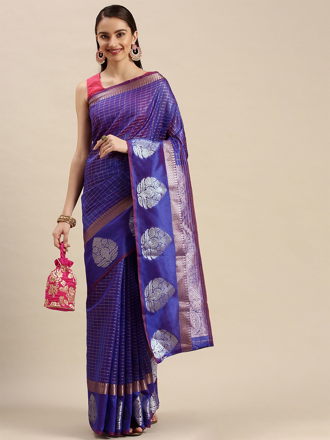 

AVANTIKA FASHION Checked Woven Design Zari Pure Silk Kanjeevaram Saree, Purple