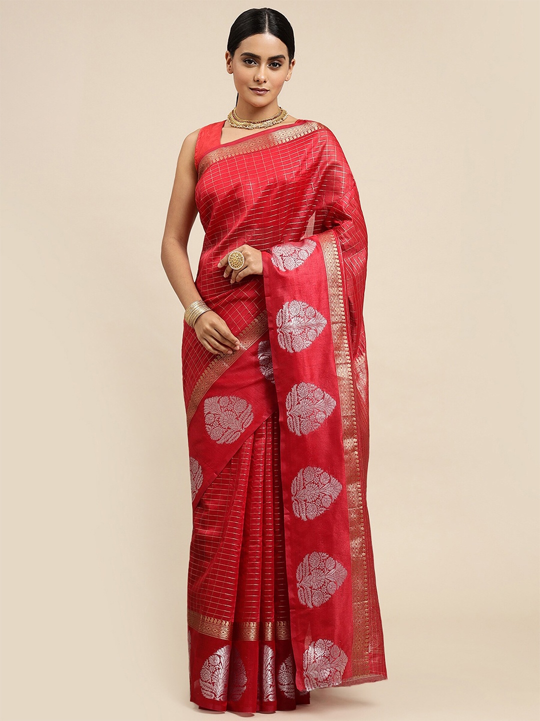 

AVANTIKA FASHION Checked Woven Design Zari Pure Silk Kanjeevaram Saree, Red