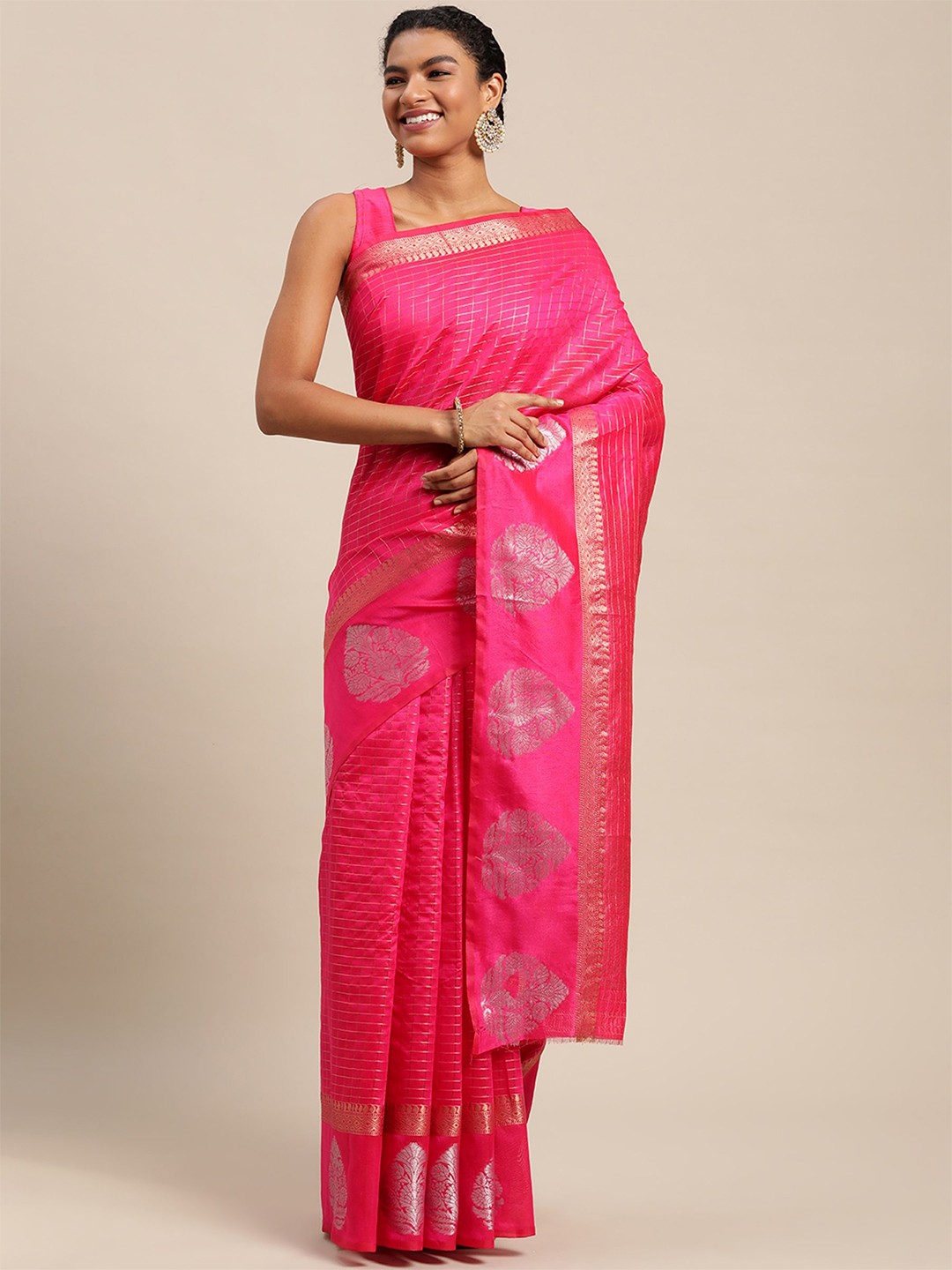 

AVANTIKA FASHION Checked Woven Design Zari Pure Silk Kanjeevaram Saree, Pink