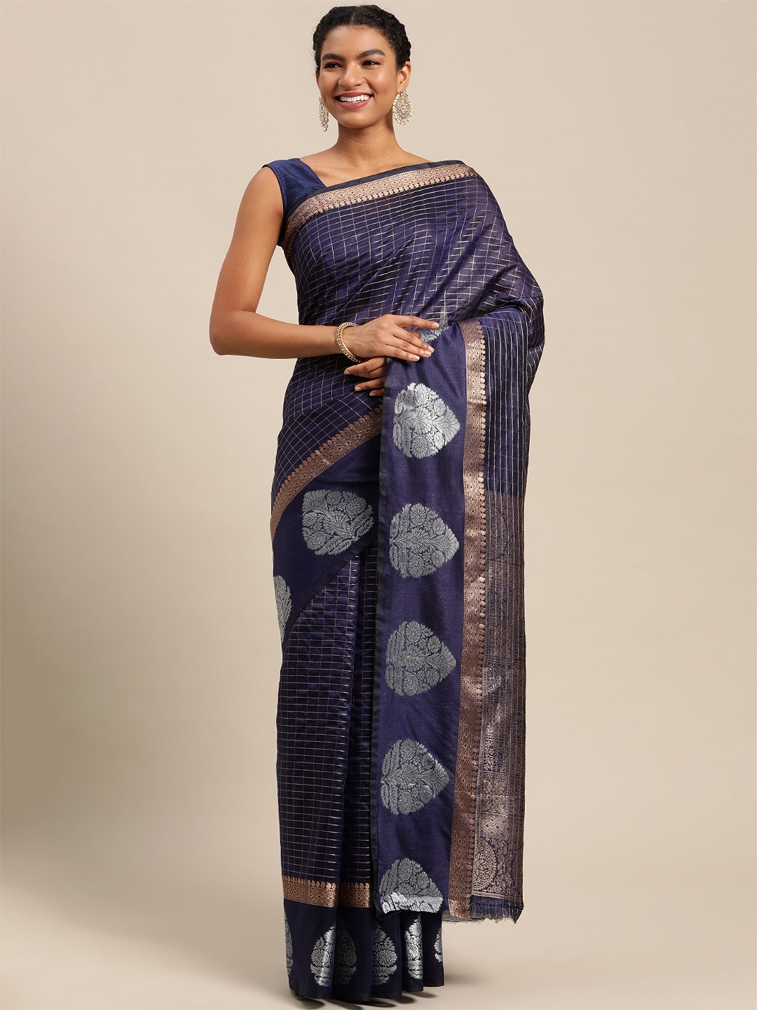 

AVANTIKA FASHION Checked Woven Design Zari Pure Silk Kanjeevaram Saree, Navy blue