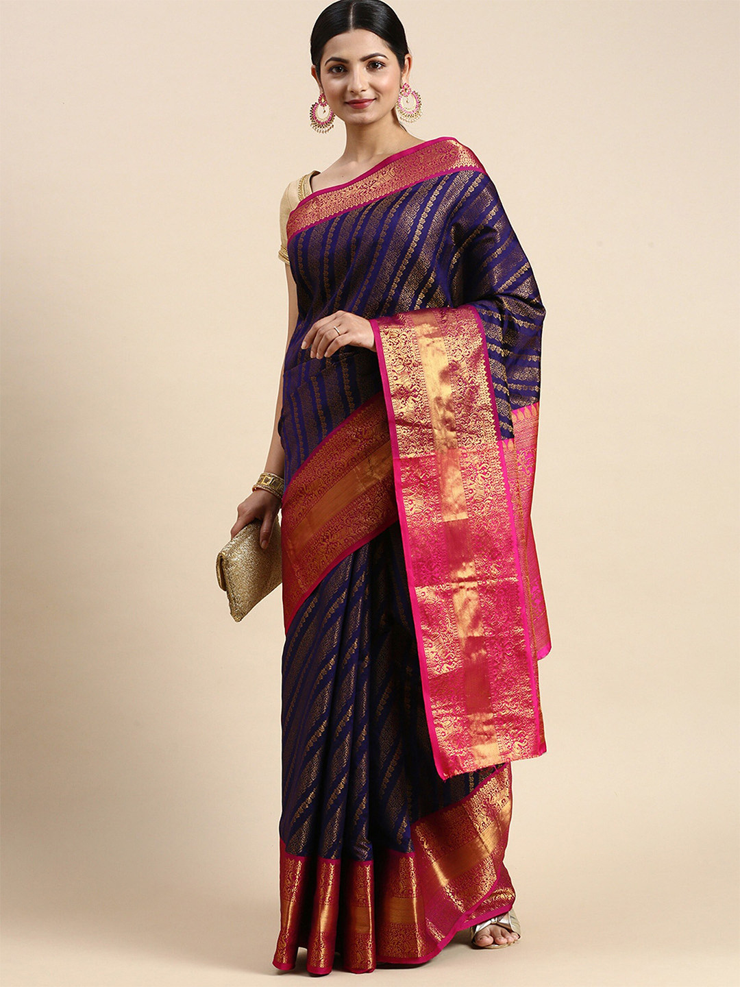 

AVANTIKA FASHION Woven Design Zari Pure Silk Kanjeevaram Saree, Navy blue