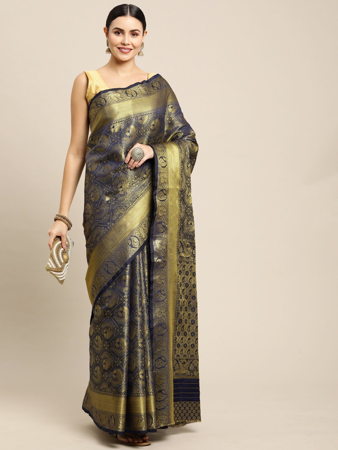 

AVANTIKA FASHION Ethnic Motif Woven Design Zari Pure Silk Kanjeevaram Saree, Navy blue