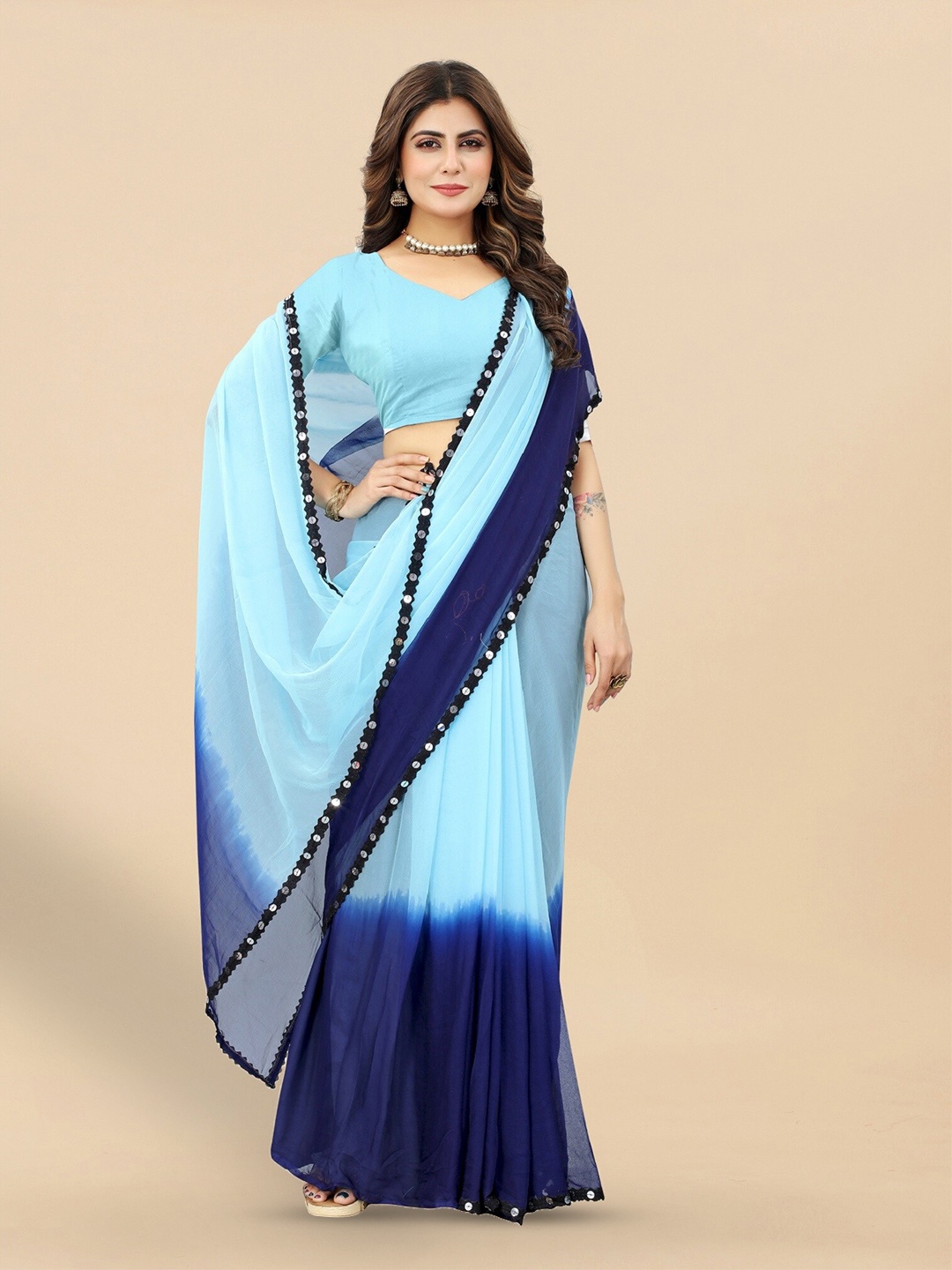 

APNISHA Colourblocked Mirror Work Half and Half Saree, Blue