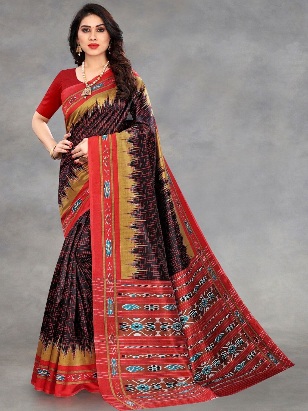 

APNISHA Black & Red Ethnic Motifs Art Silk Bhagalpuri Saree