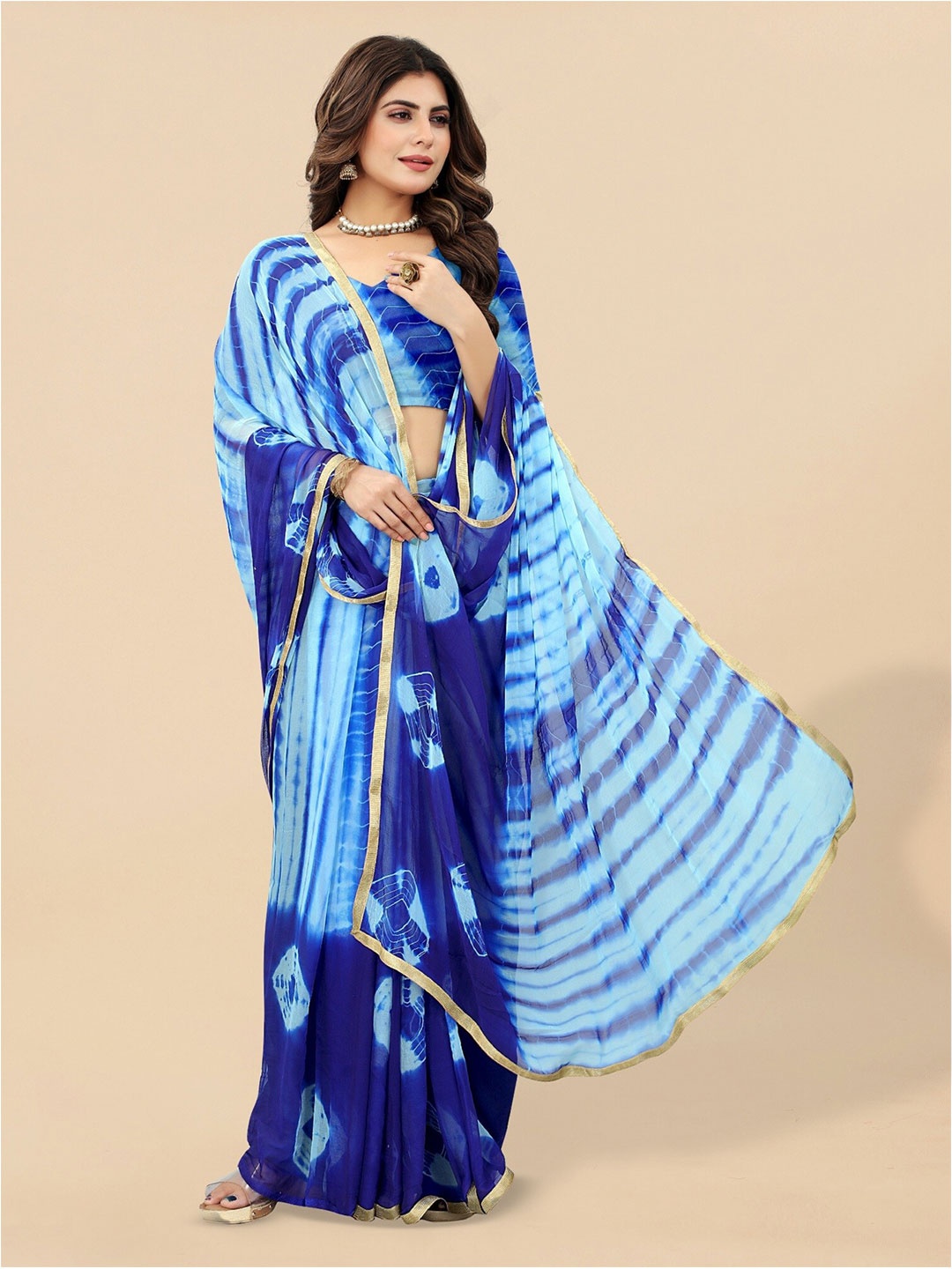 

APNISHA Tie & Dye Zari Bandhani Saree, Blue