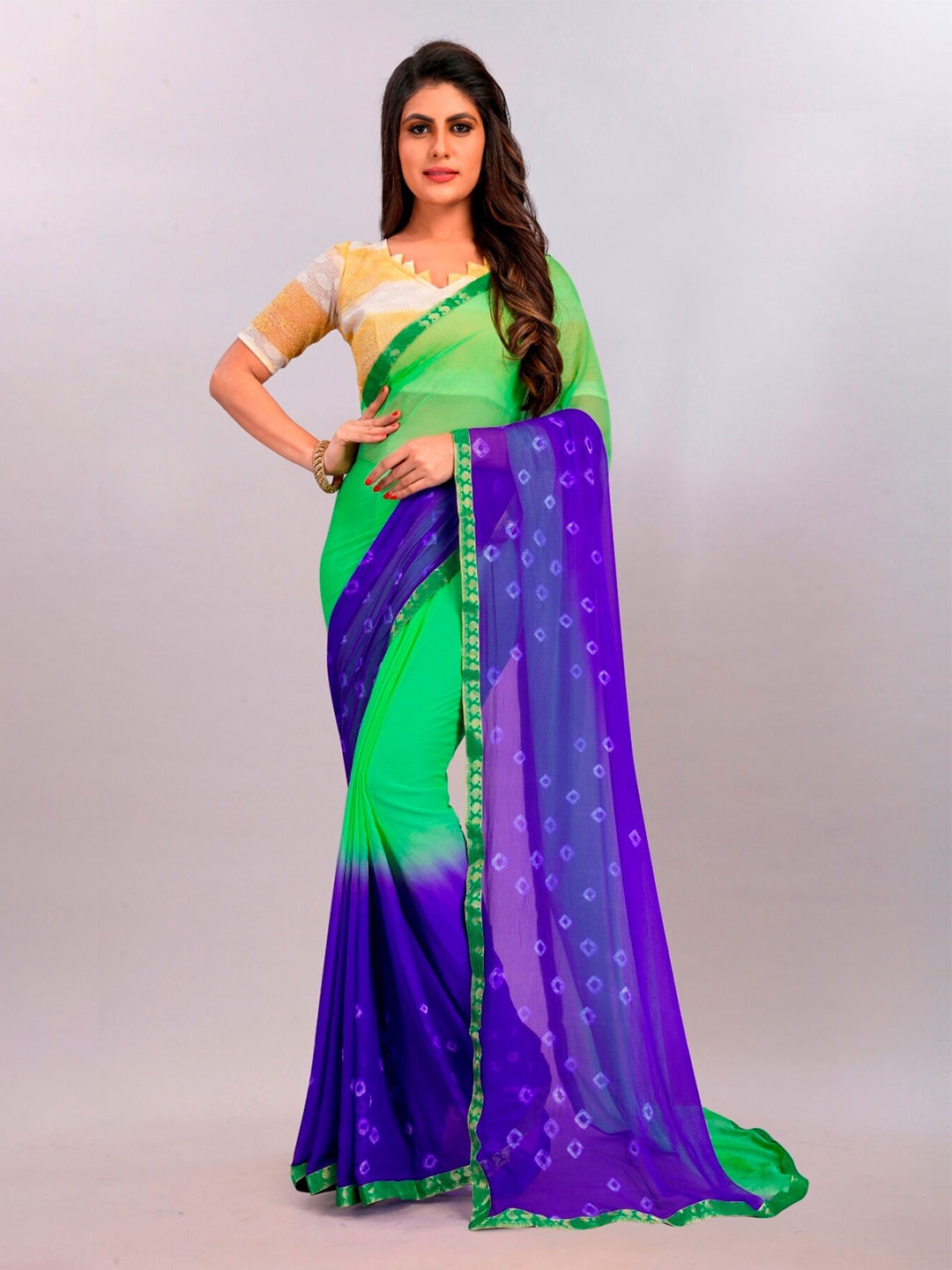 

APNISHA Green & Navy Blue Tie and Dye Poly Chiffon Bandhani Saree