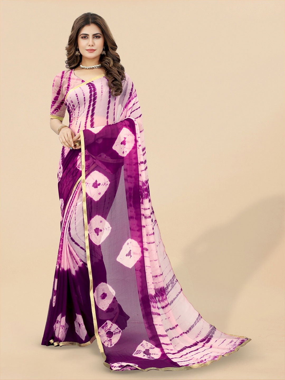 

APNISHA Purple & Pink Tie and Dye Zari Poly Chiffon Leheriya Saree