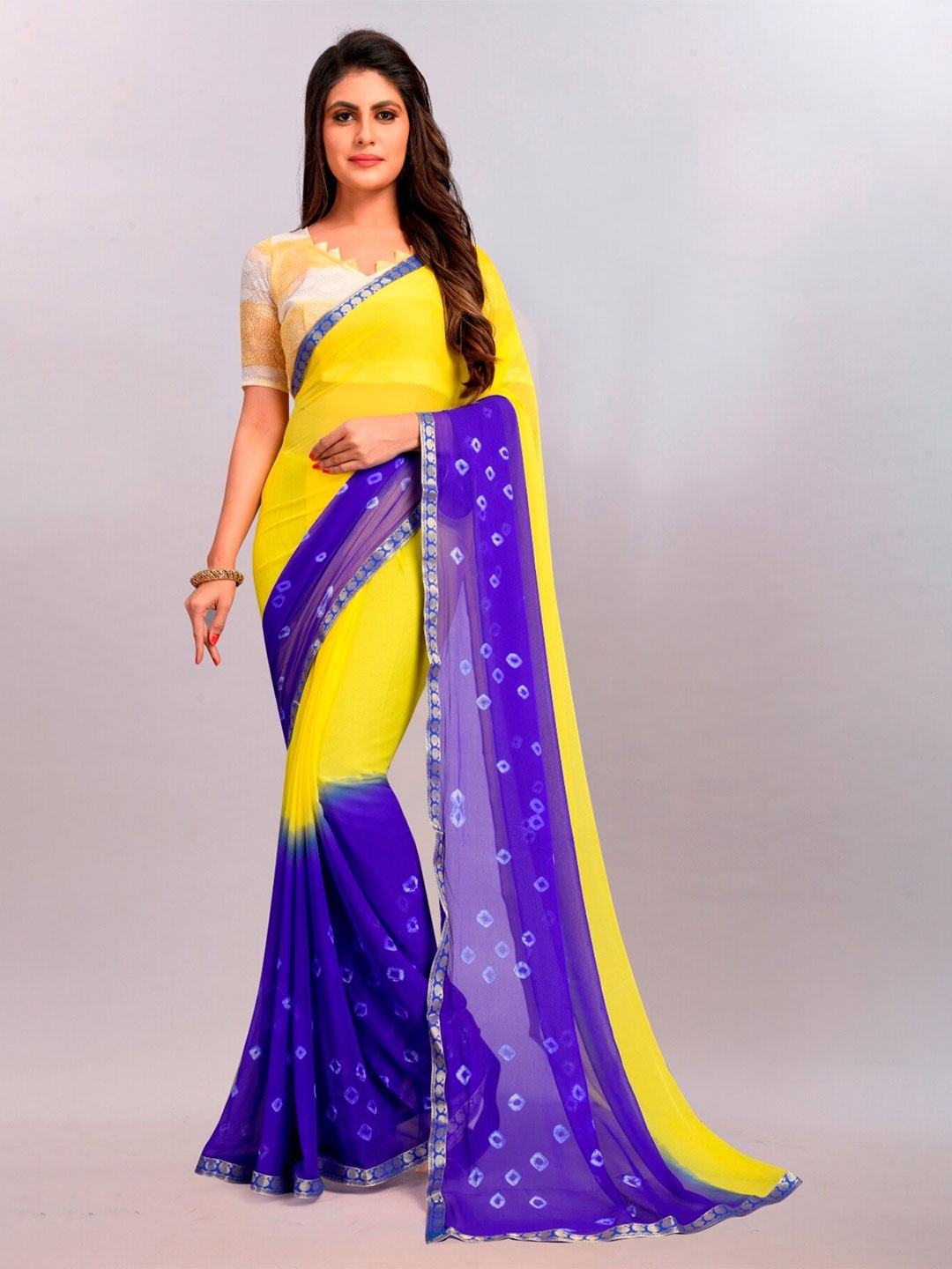 

APNISHA Tie and Dye Zari Bandhini Saree, Yellow