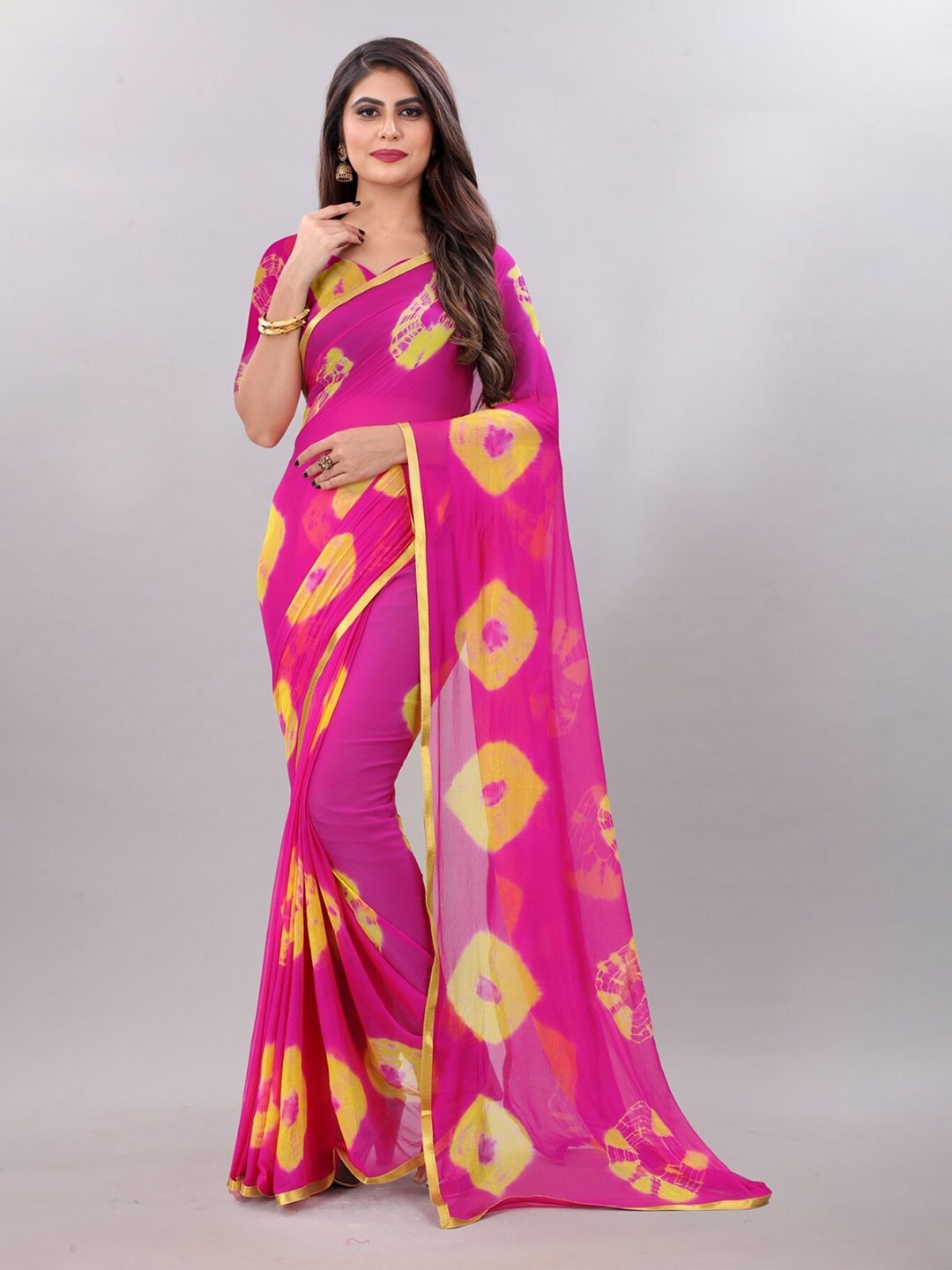 

APNISHA Pink & Yellow Bandhani Zari Poly Chiffon Leheriya Saree